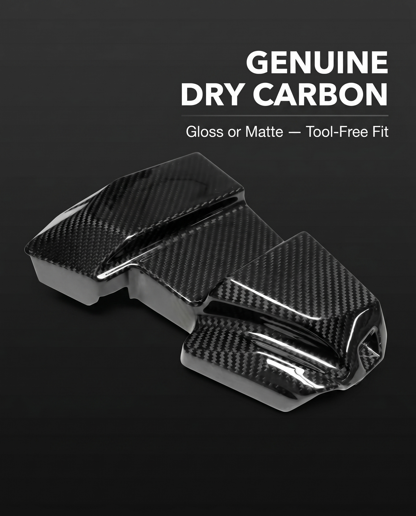 Gloss dry carbon battery terminal cover for BMW G80 M3 on dark studio backdrop with genuine dry carbon tool-free fit callout