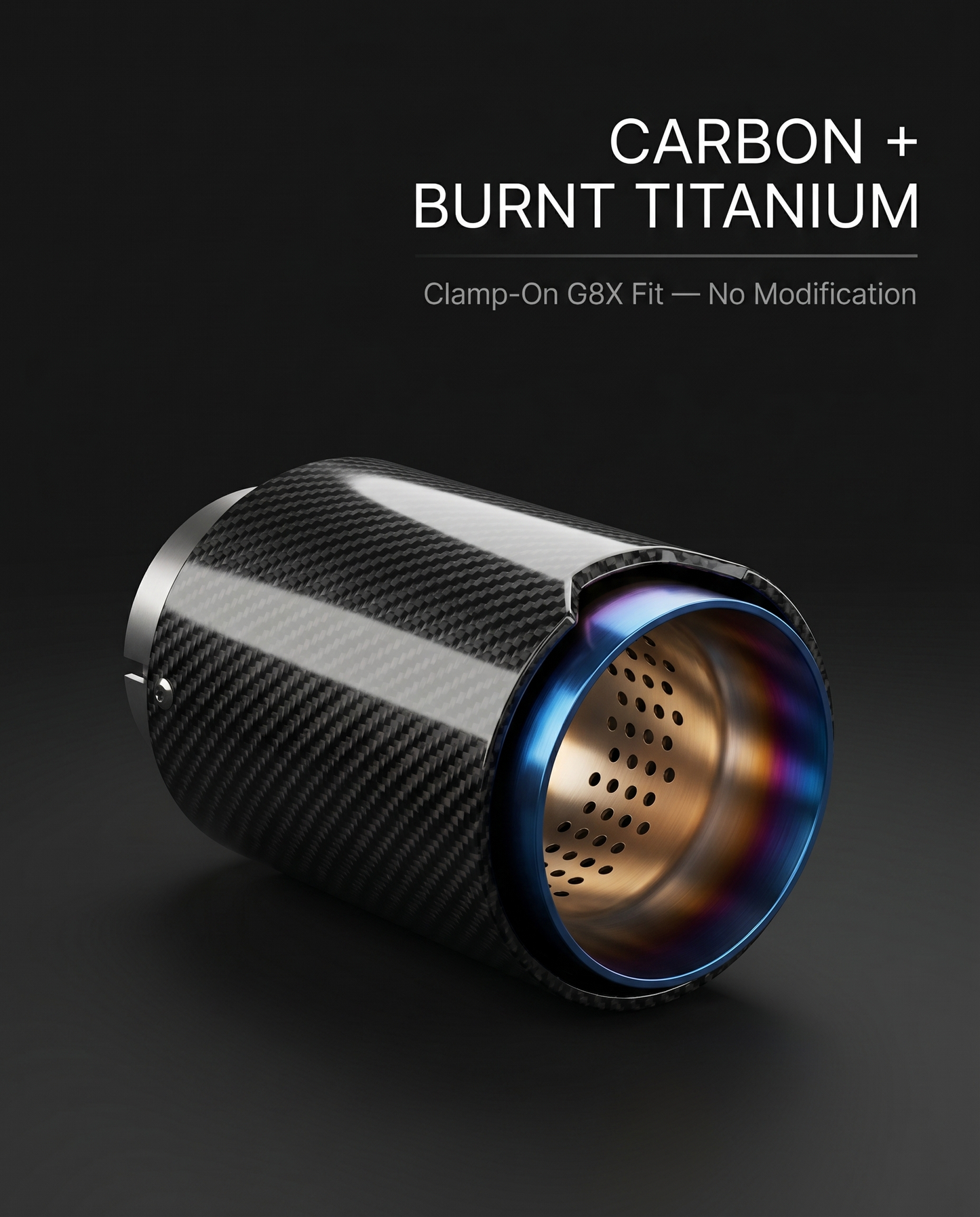 Flat-cut carbon and burnt titanium exhaust tip for BMW G8X on dark studio backdrop with carbon plus burnt titanium clamp-on callout