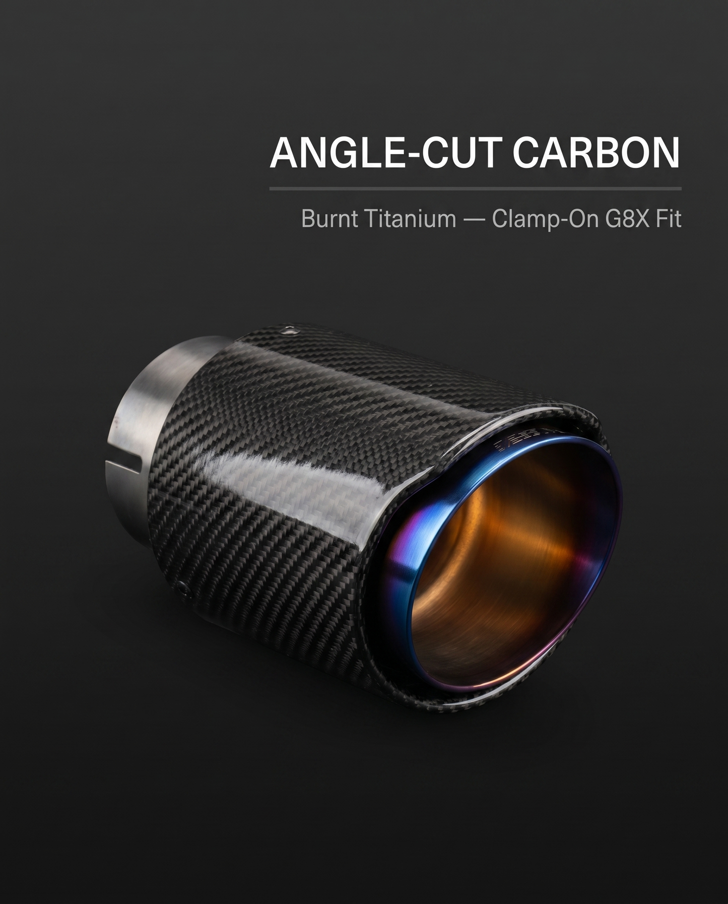 Angle-cut carbon and burnt titanium exhaust tip for BMW G8X on dark studio backdrop with angle-cut carbon clamp-on fit callout