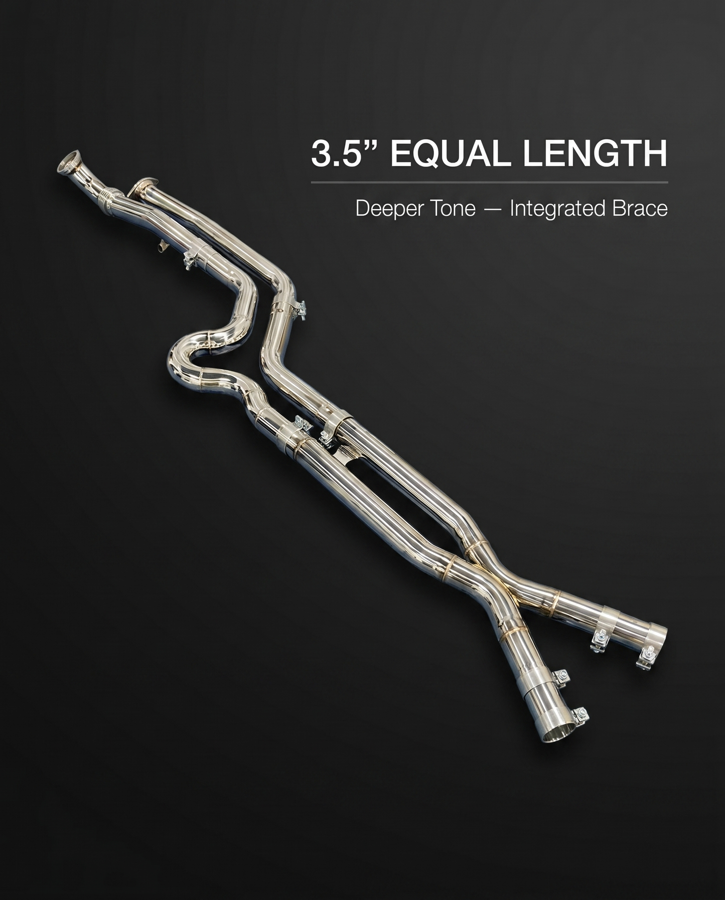 Stainless equal-length midpipe for BMW G8X on dark studio backdrop with 3.5 inch equal length deeper tone integrated brace callout