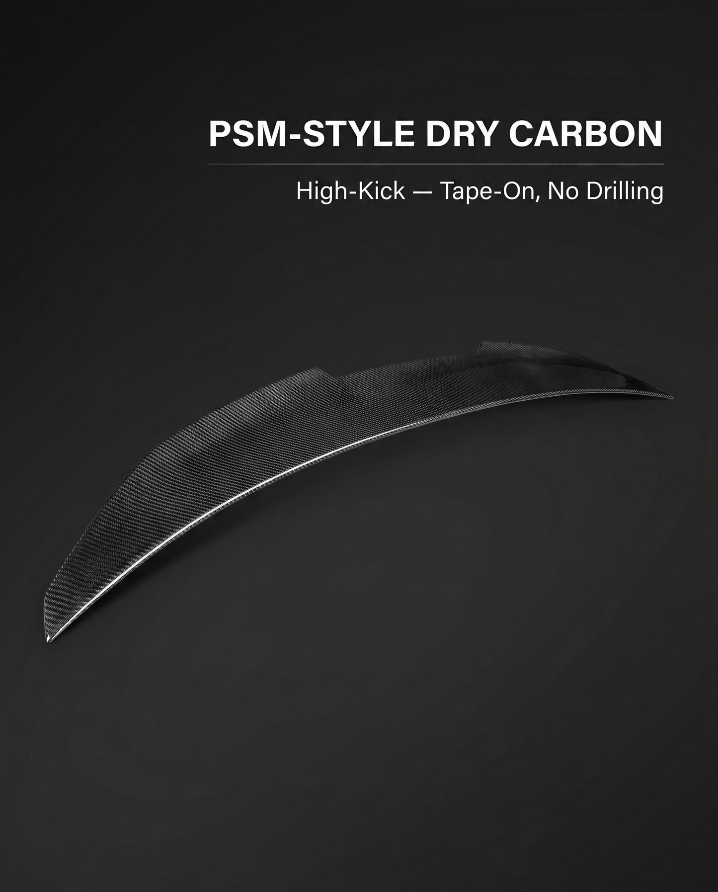 PSM-style dry carbon trunk spoiler for BMW G8X on charcoal studio background with clean tape-on, no-drilling callout text