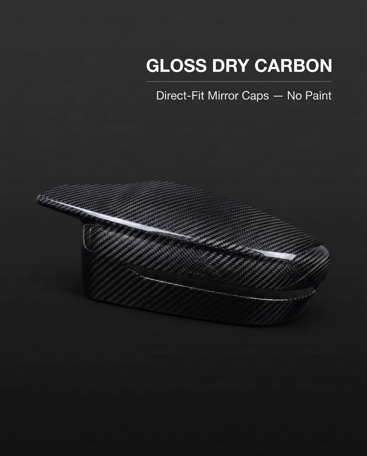 Gloss dry carbon mirror caps for BMW G8X on charcoal studio background with direct-fit no-paint callout text