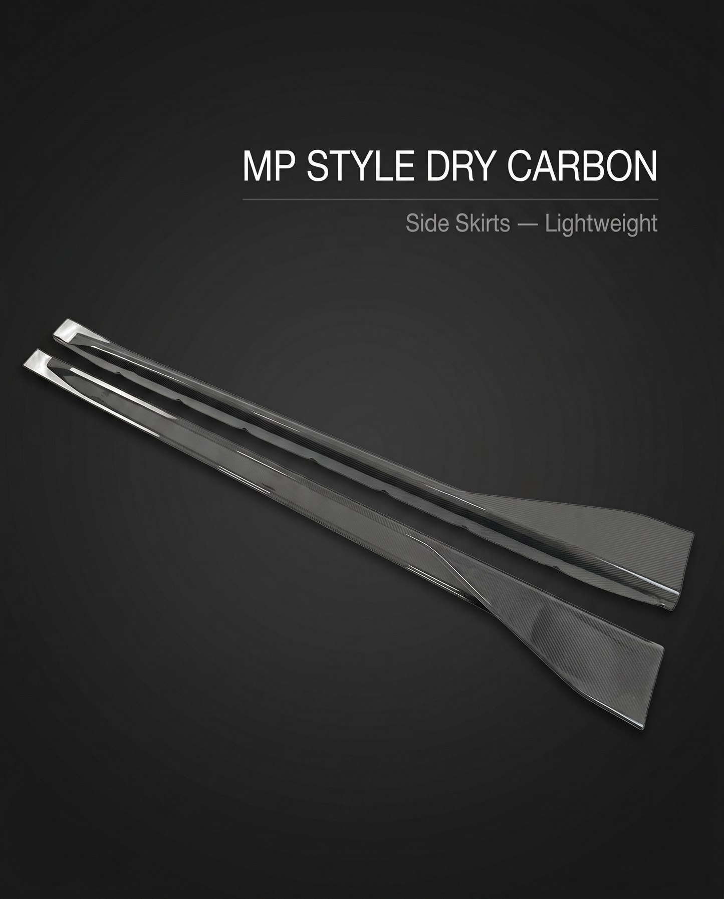 MP-style dry carbon side skirt extensions for BMW G80 M3 on charcoal studio background with lightweight callout text