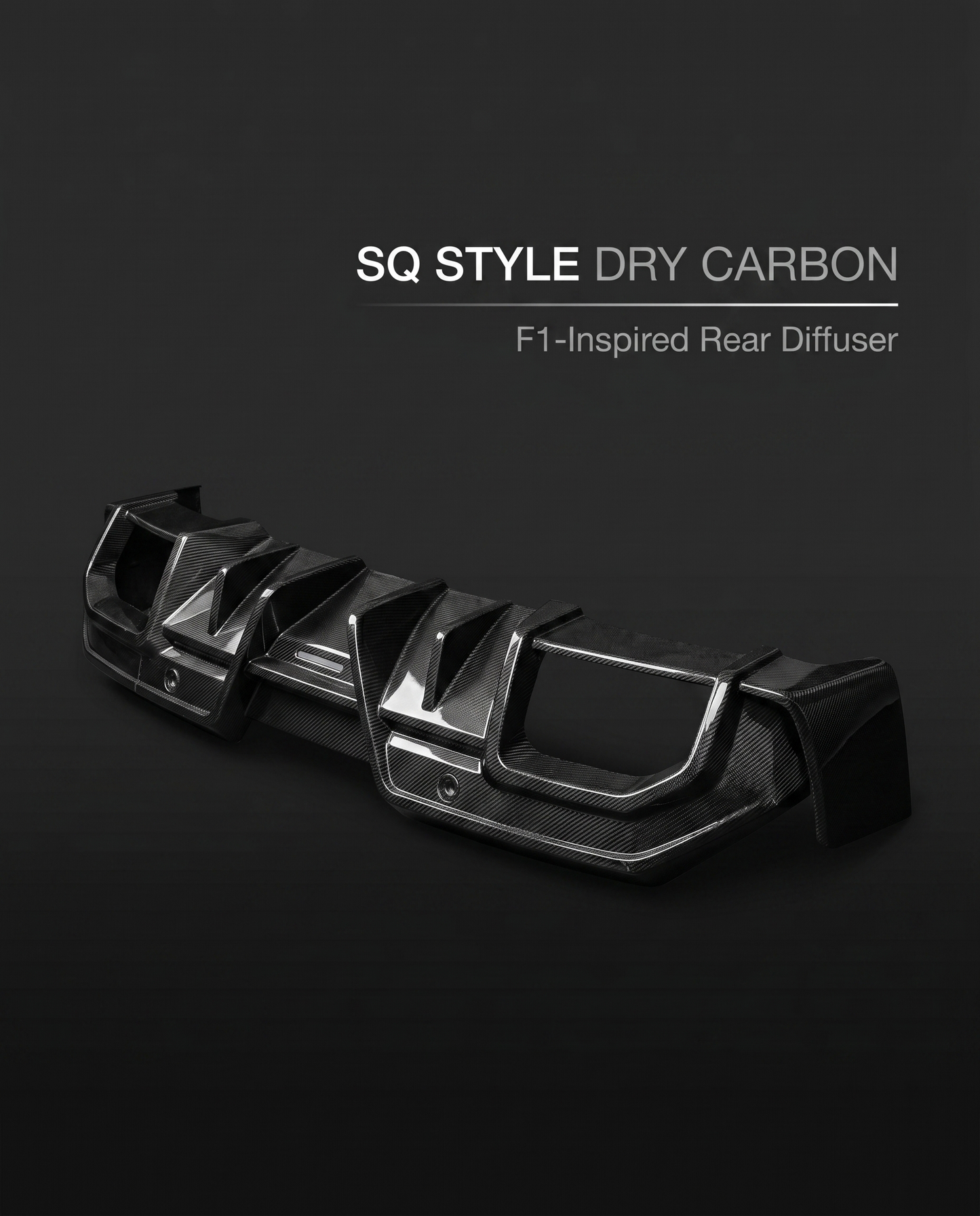 SQ-style dry carbon F1-inspired rear diffuser for BMW G90 M5 on charcoal studio background with callout text