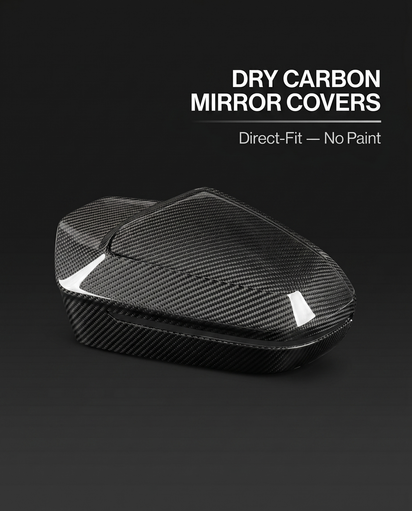 Dry carbon mirror covers for BMW G90 M5 on charcoal studio background with direct-fit no-paint callout text