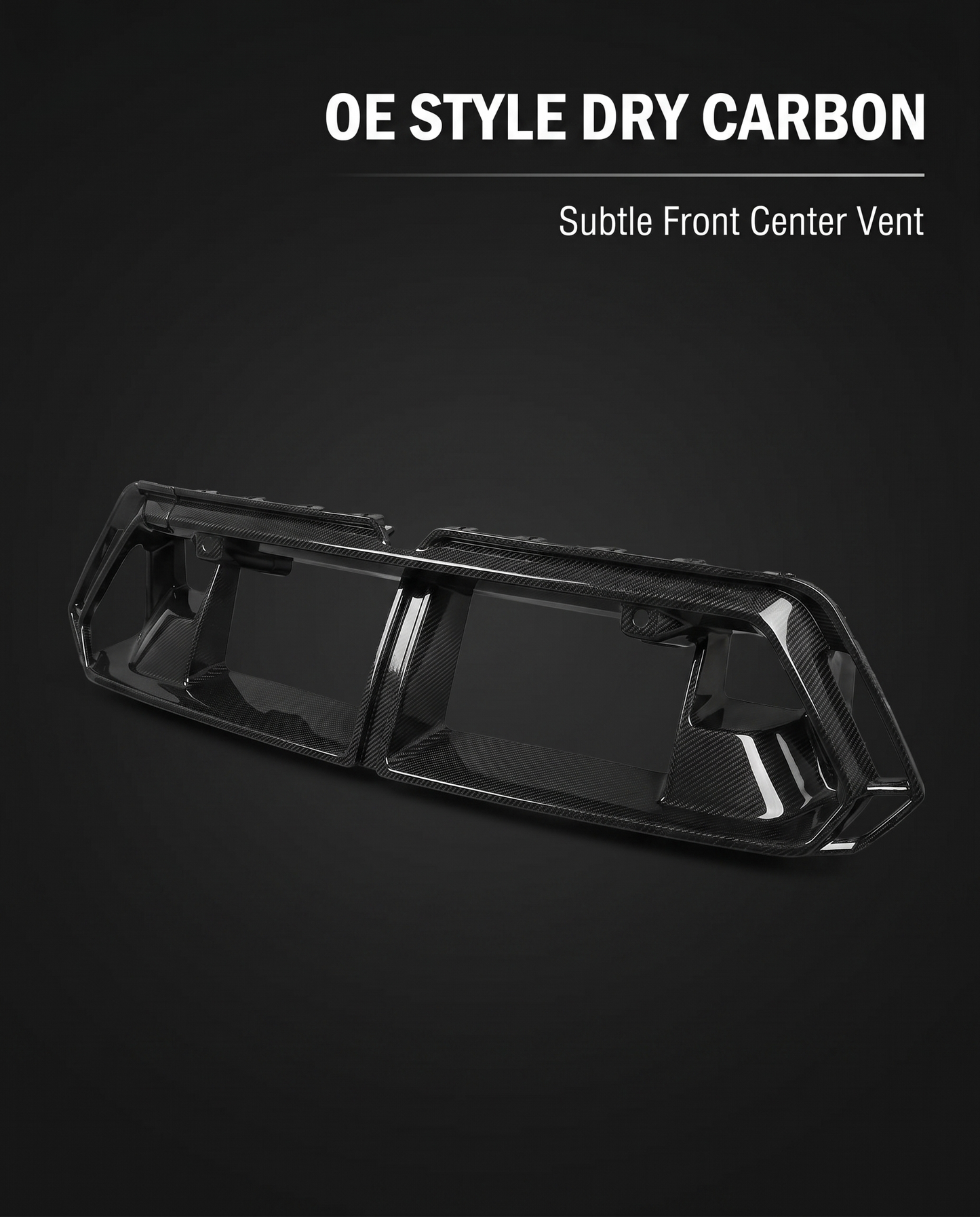 OE-style dry carbon front center vent for BMW G90 M5 on charcoal studio background with subtle-vent callout text