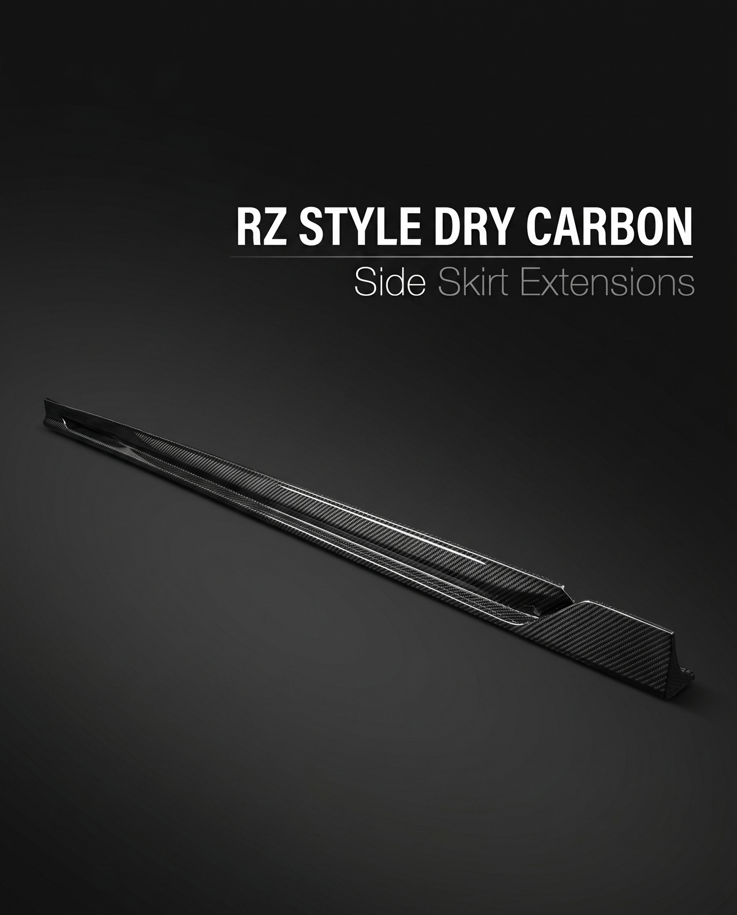 Gloss dry carbon RZ-style side skirt extensions for BMW G90 M5 with minimal white spec callout on charcoal, pre-preg build
