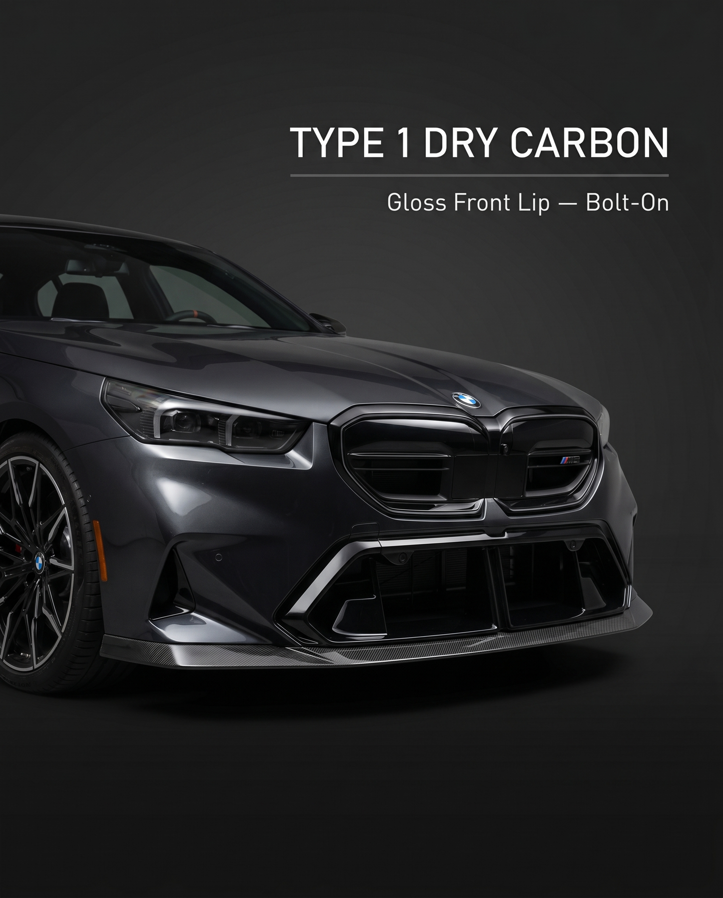 Gloss dry carbon Type 1 front lip for BMW G90 M5 with minimal white spec callout on charcoal, bolt-on pre-preg construction