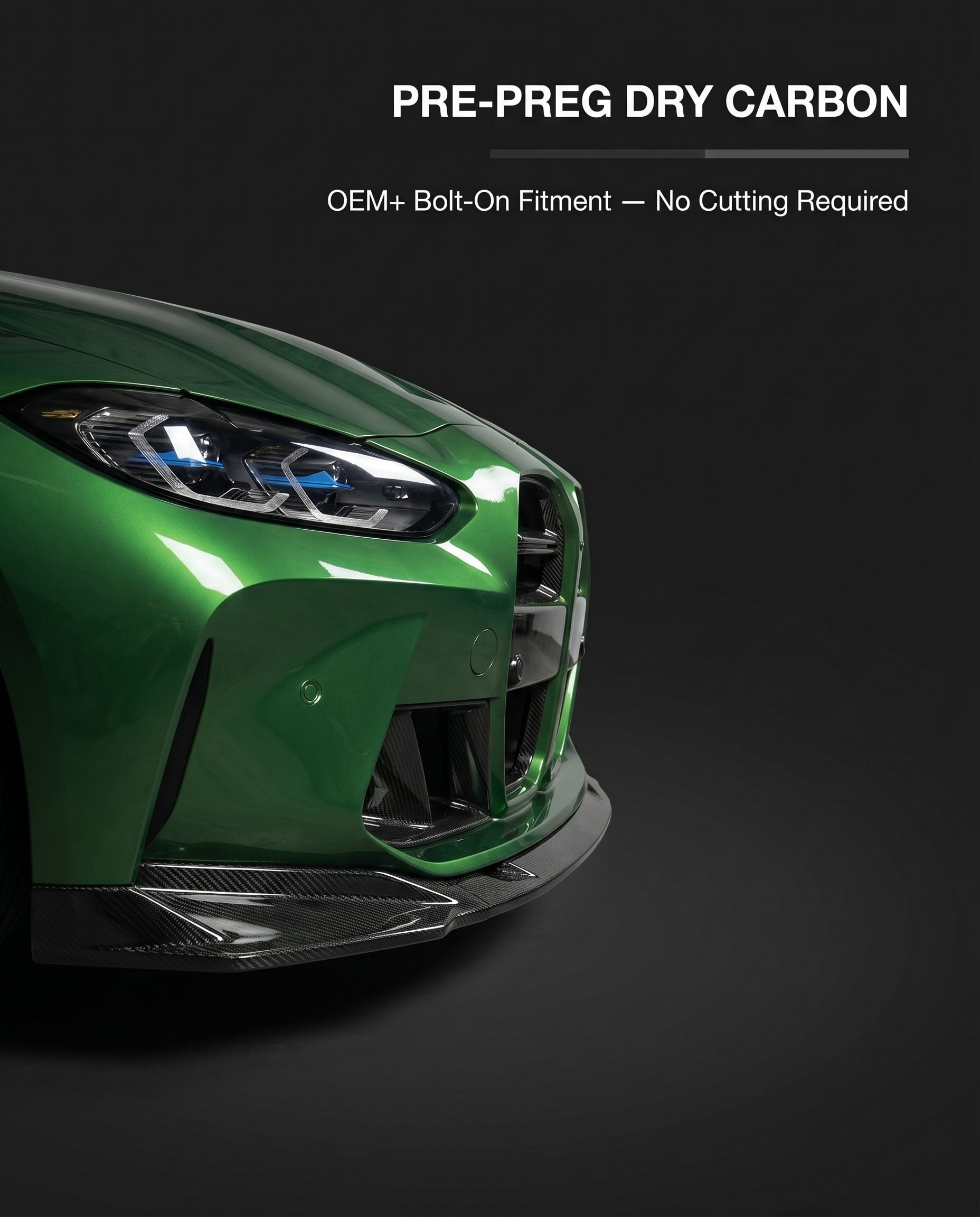 Gloss dry carbon front lip for BMW G80 M3 and G82 M4 on dark studio backdrop with pre-preg dry carbon OEM+ bolt-on fitment callout