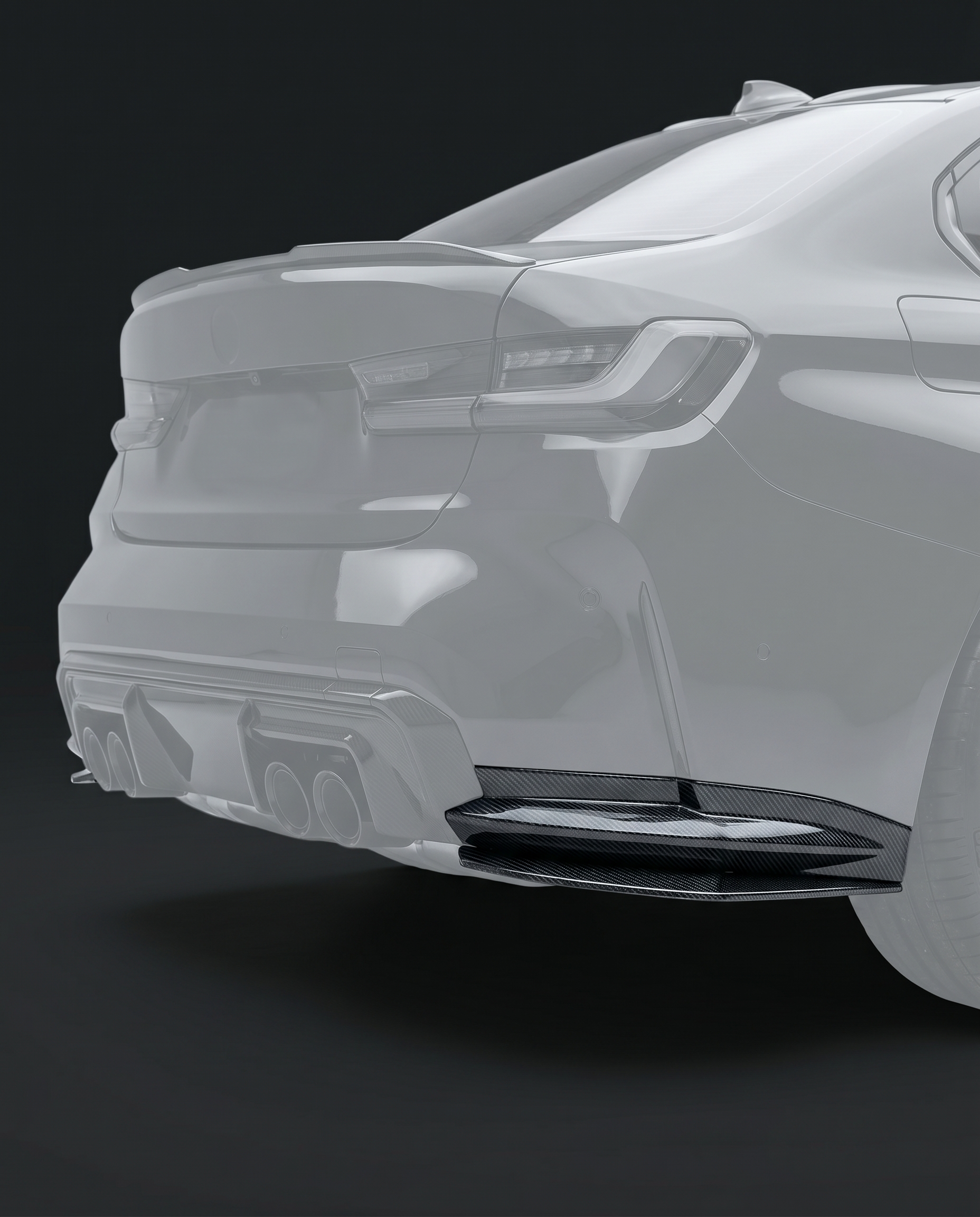 Gloss dry carbon fiber rear diffuser side extensions for BMW G80 M3 and G82 M4, vehicle ghosted, studio light reveals 2x2 twill weave