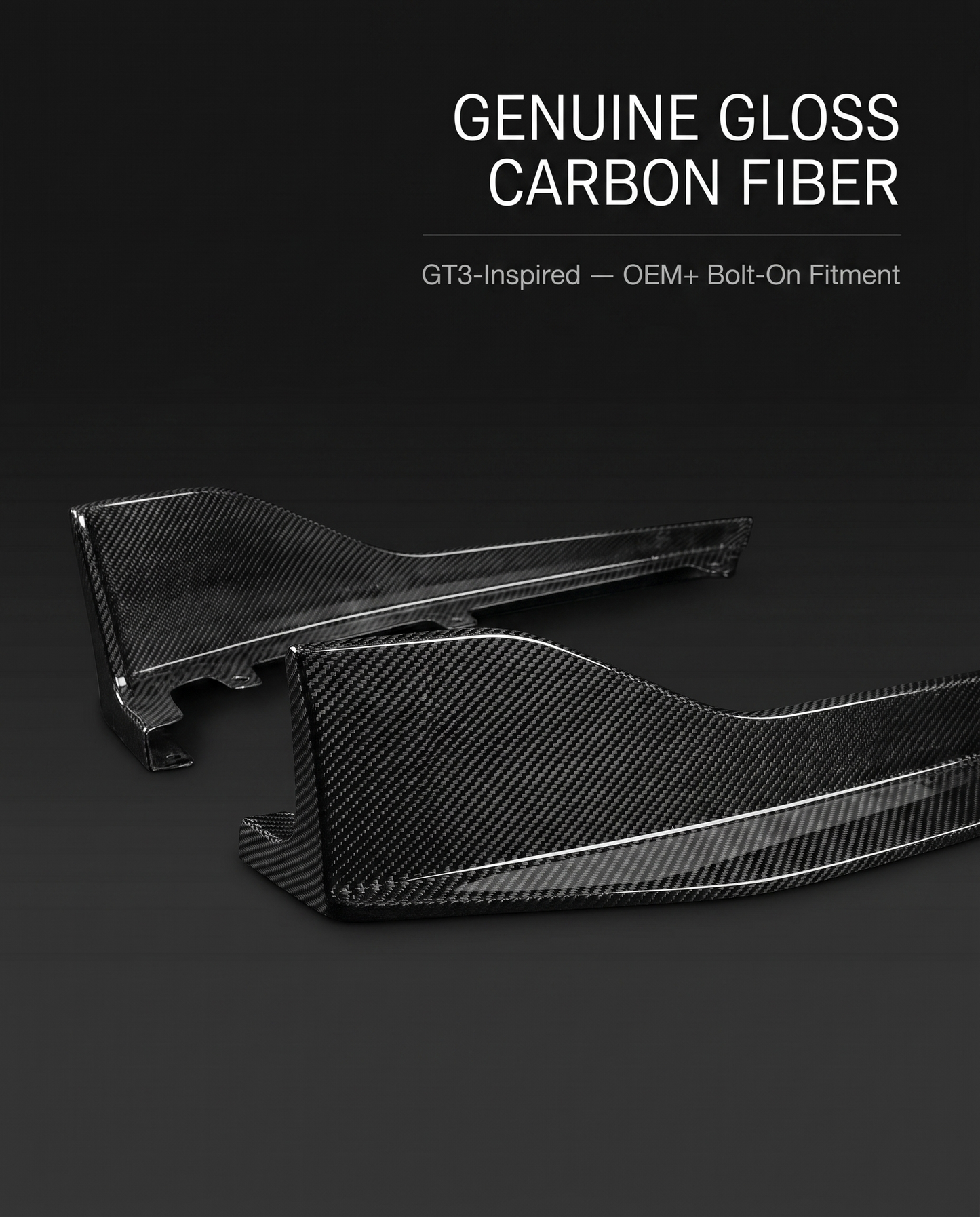 Genuine gloss carbon fiber rear diffuser side extensions for BMW G80 M3 on dark studio backdrop with GT3-inspired OEM+ fitment callout
