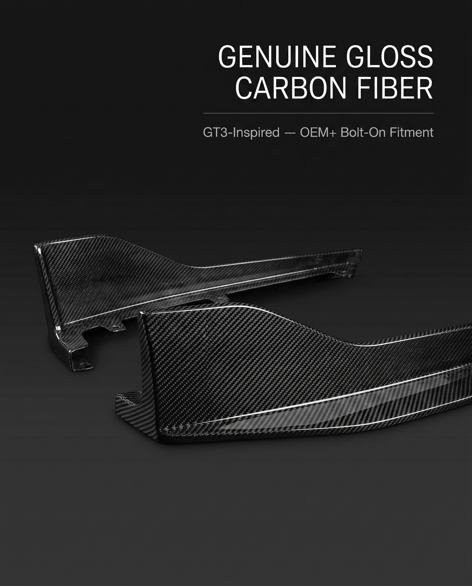 Genuine gloss carbon fiber rear diffuser side extensions for BMW G80 M3 on dark studio backdrop with GT3-inspired OEM+ fitment callout