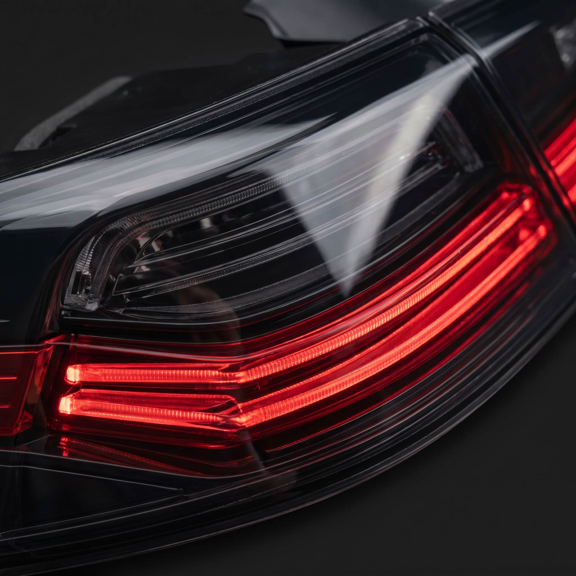 Macro of CSL laser LED tail light optics under smoked lens, red light-bar signature glowing with crisp internal light-guide detail