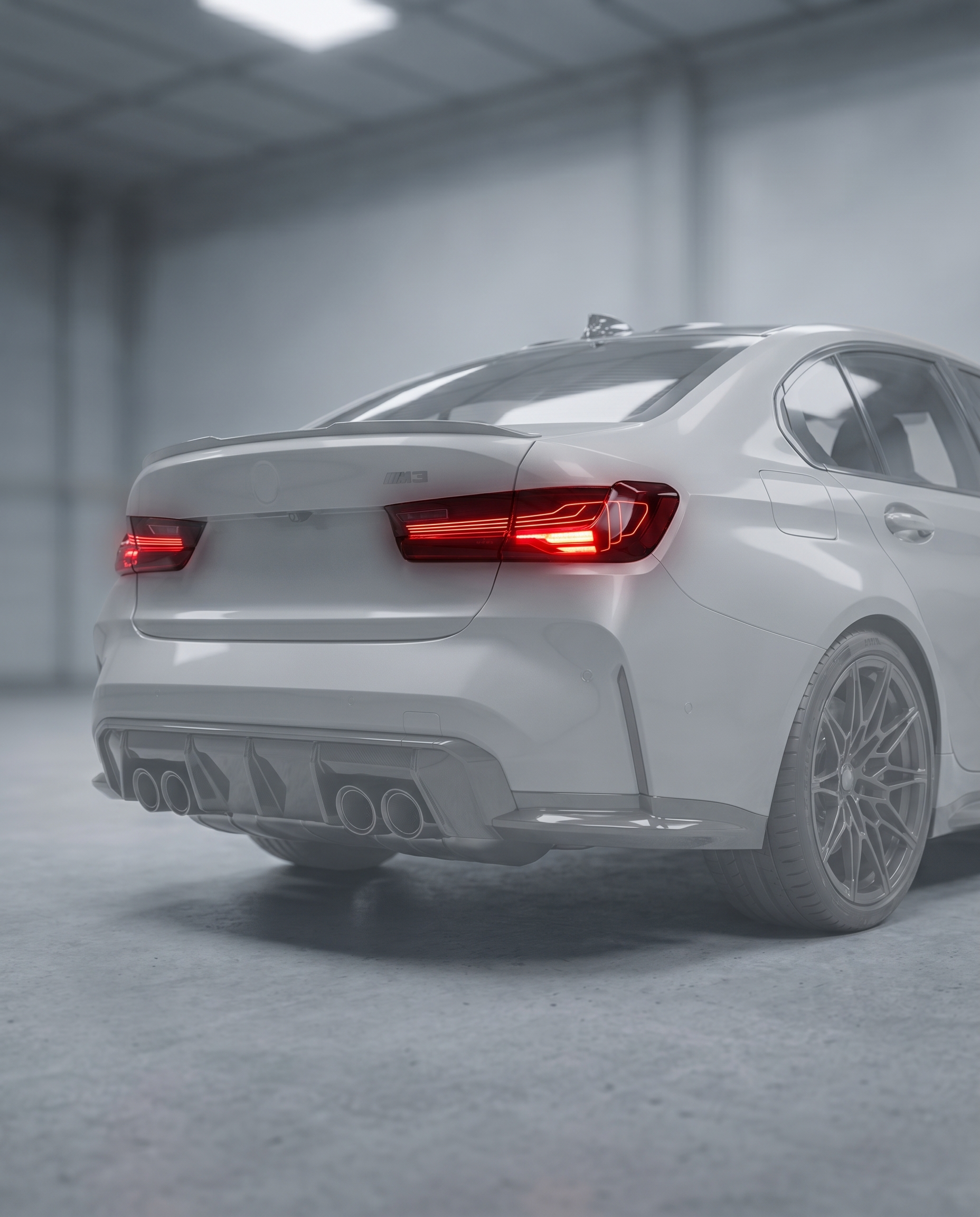 CSL laser LED tail lights installed on ghosted BMW G80 M3 rear, red signature lit in blurred premium garage, plug-and-play OEM fitment