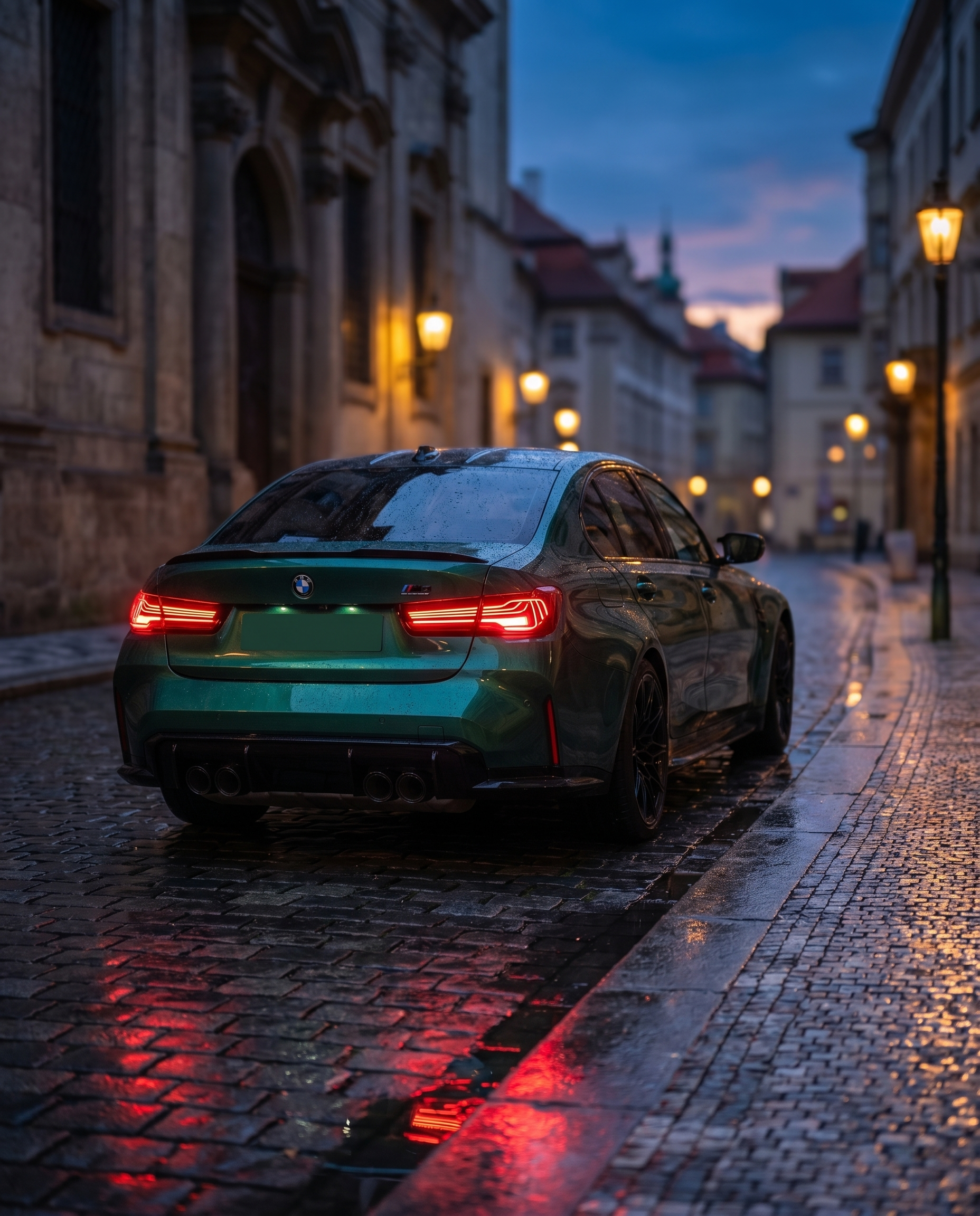 BMW G80 M3 rear at blue-hour dusk with CSL laser tail lights glowing red, reflective ground, cinematic moody motorsport-luxury scene
