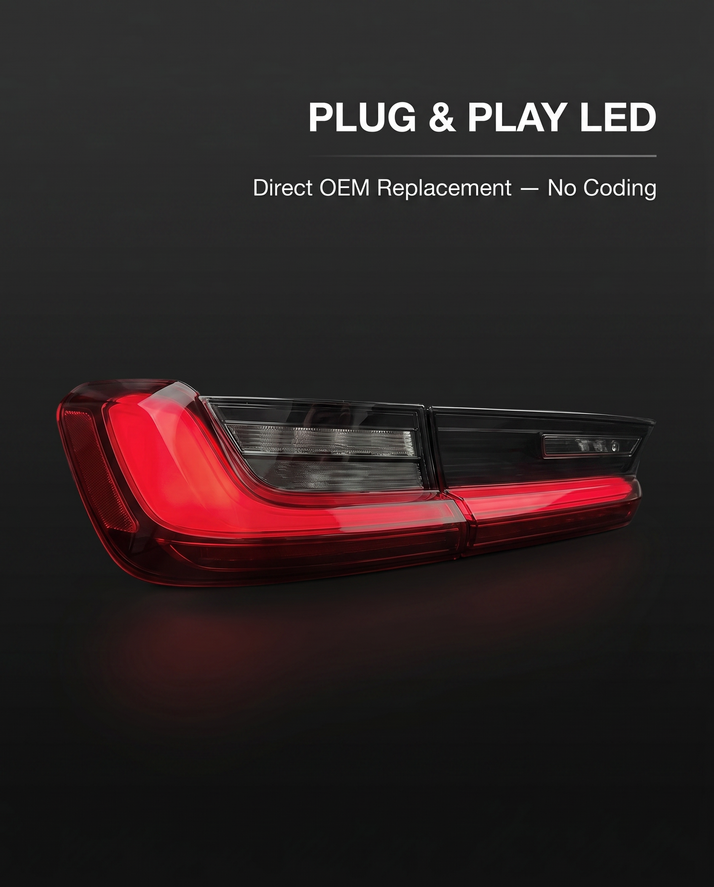 CSL laser-style LED tail lights for BMW G80 M3 and G20 3-Series on dark studio backdrop with plug-and-play OEM replacement callout