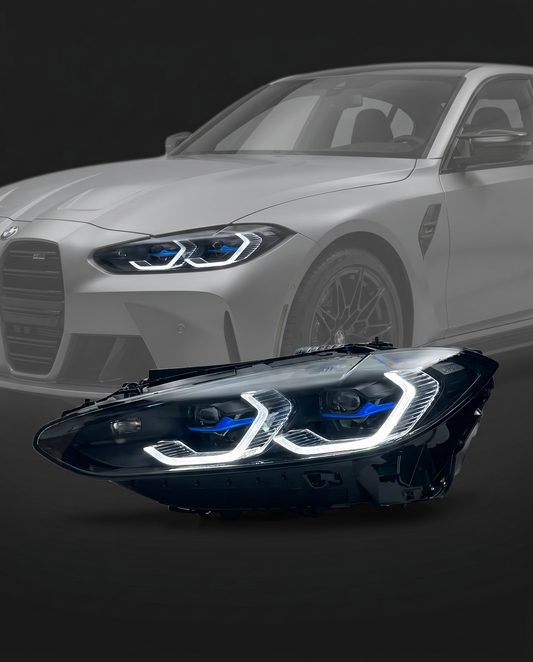 Snake Eye LCI-style LED headlights for BMW G80 M3 and G82 M4, white DRL signature lit, front end ghosted in dark studio