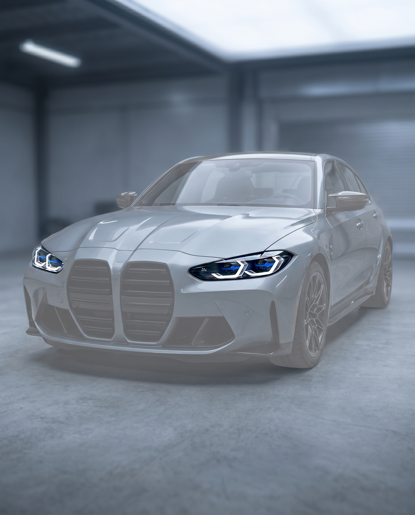 Snake Eye LED headlights installed on ghosted BMW G80 M3 front, white DRL signature lit in blurred premium garage, OEM fitment