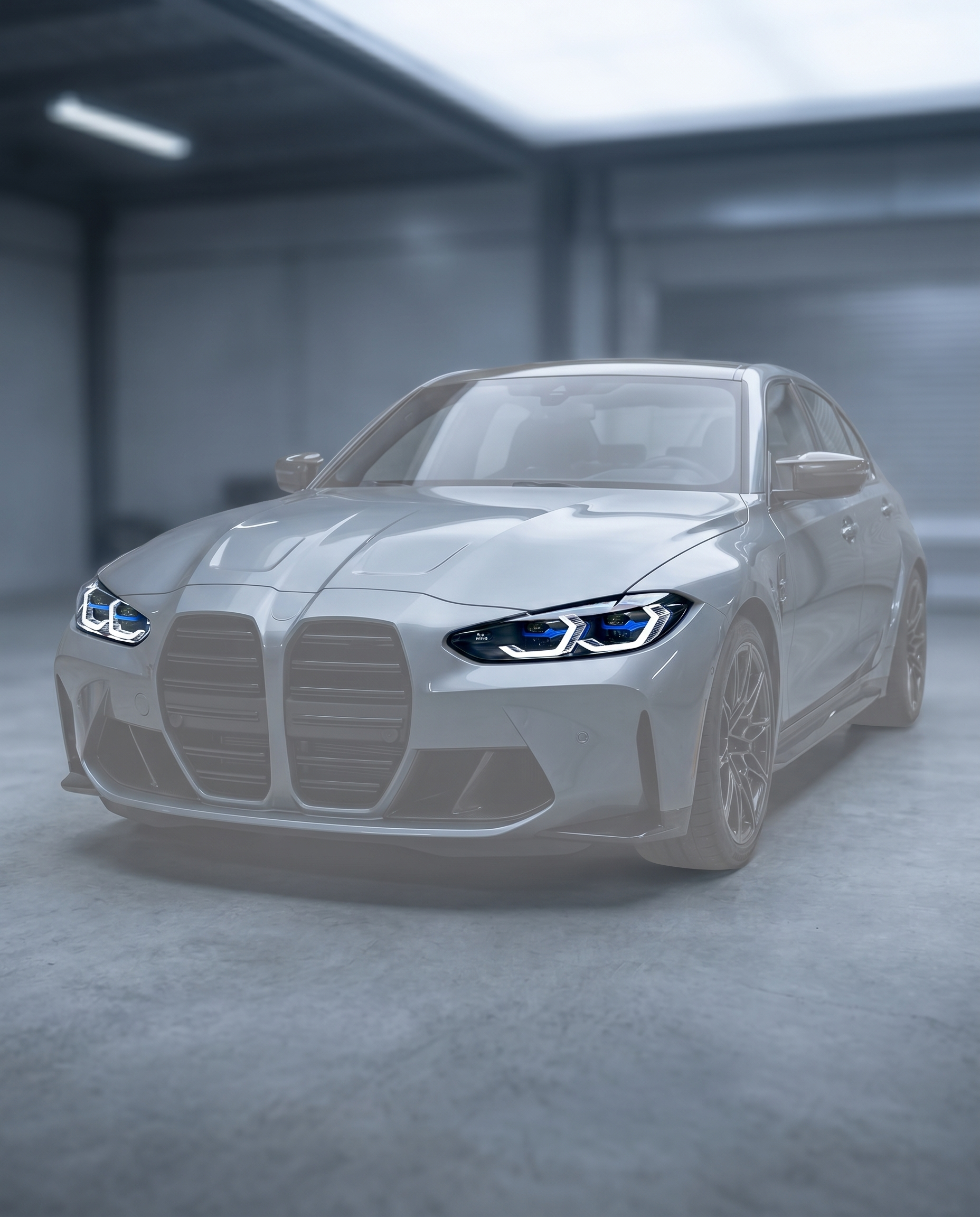 Snake Eye LED headlights installed on ghosted BMW G80 M3 front, white DRL signature lit in blurred premium garage, OEM fitment