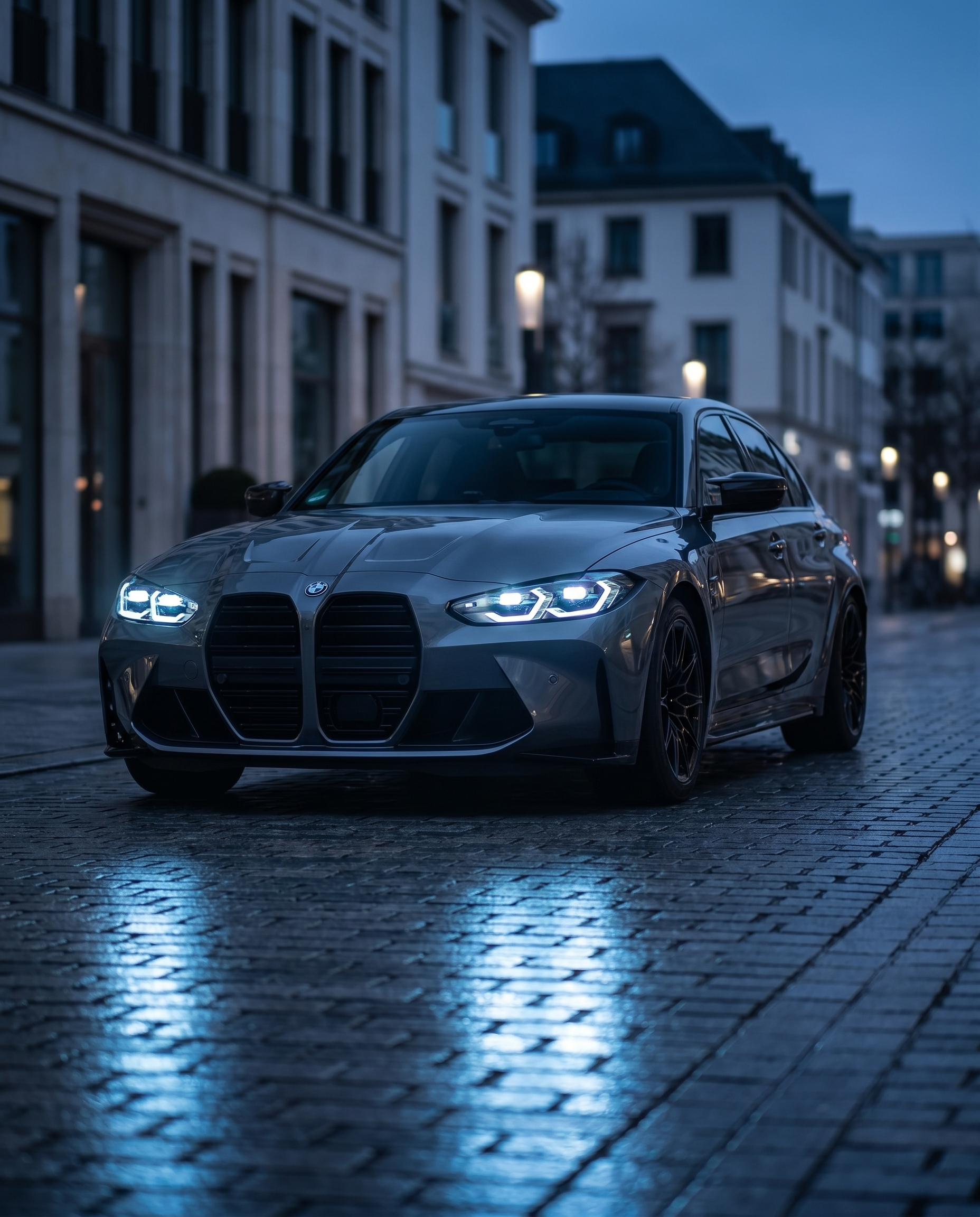 BMW G80 M3 front 3/4 at dusk with Snake Eye LED headlights glowing white, menacing LCI face, cinematic motorsport-luxury scene