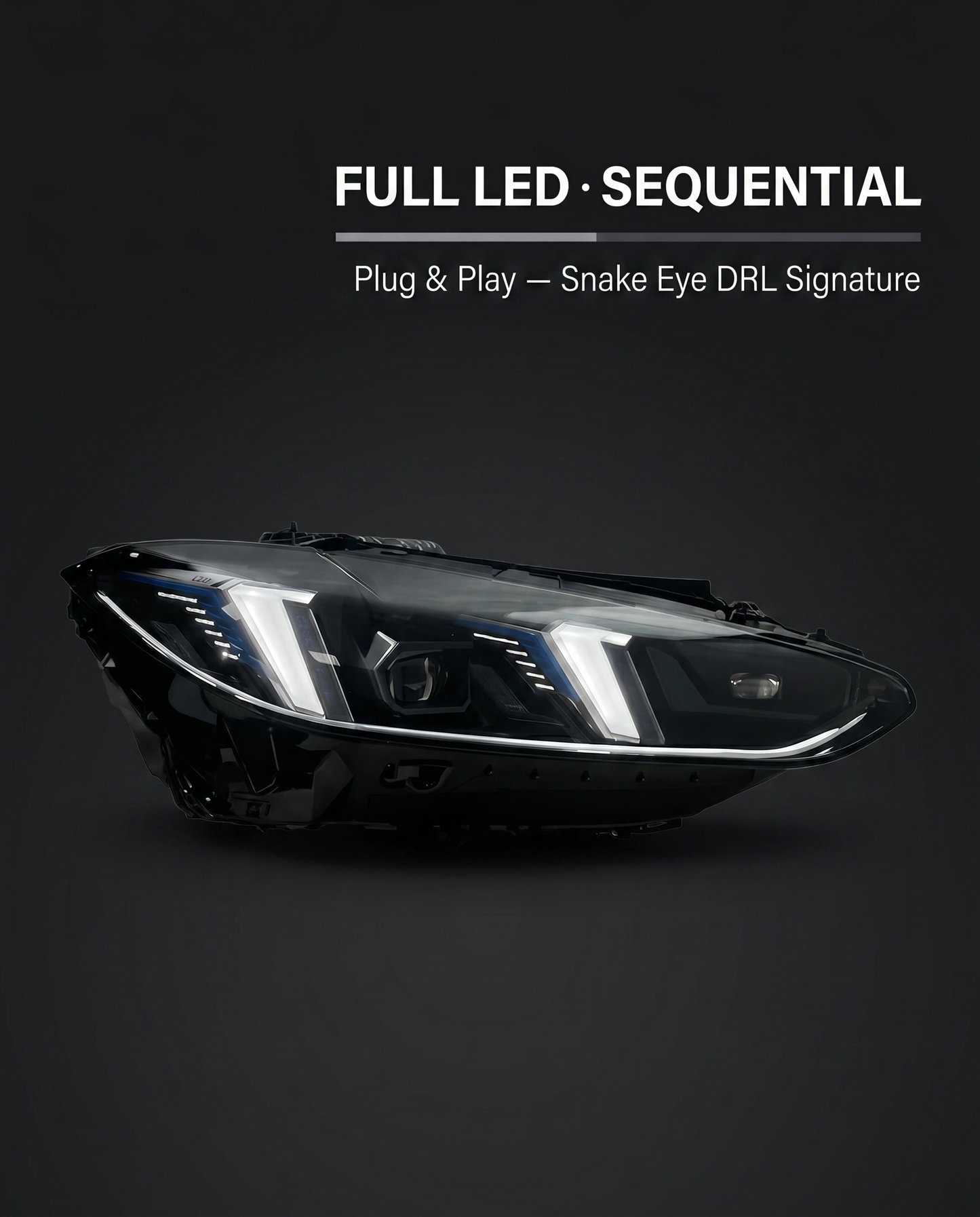 Snake Eye LCI LED headlight for BMW G80 M3 G82 M4 on dark studio backdrop with full LED sequential plug and play callout