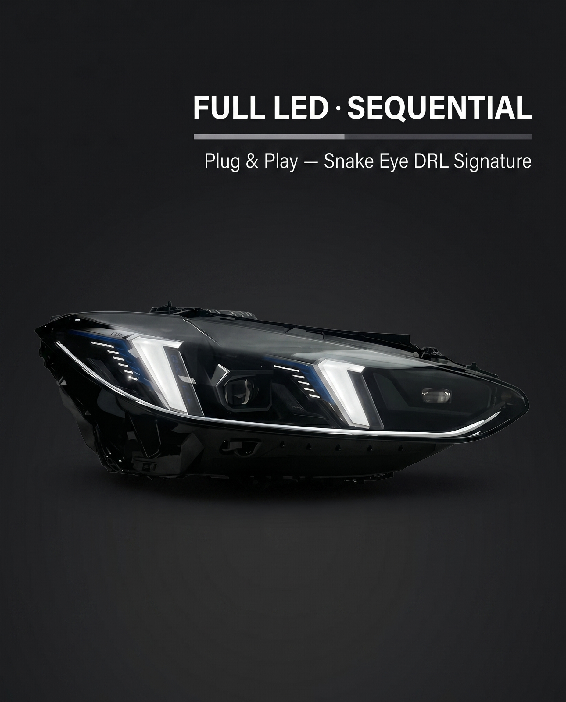 Snake Eye LCI LED headlight for BMW G80 M3 G82 M4 on dark studio backdrop with full LED sequential plug and play callout