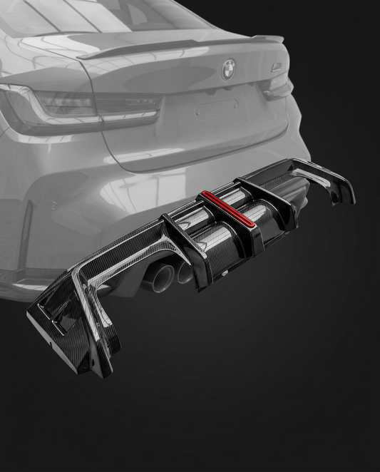 Gloss dry carbon fiber V4 multi-fin rear diffuser for BMW G80 M3 and G82 M4, vehicle ghosted, studio light reveals 2x2 twill weave