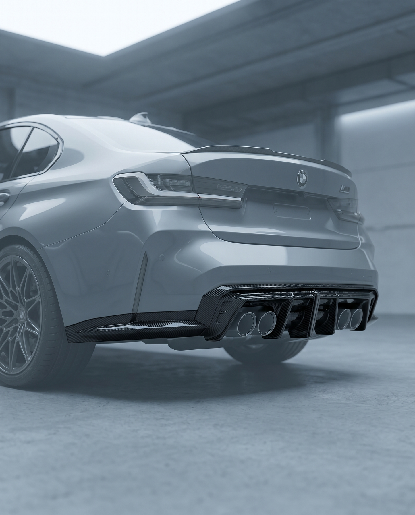 Carbon V4 fin diffuser installed under ghosted BMW G80 M3 rear bumper, blurred premium garage, aggressive motorsport rear aero