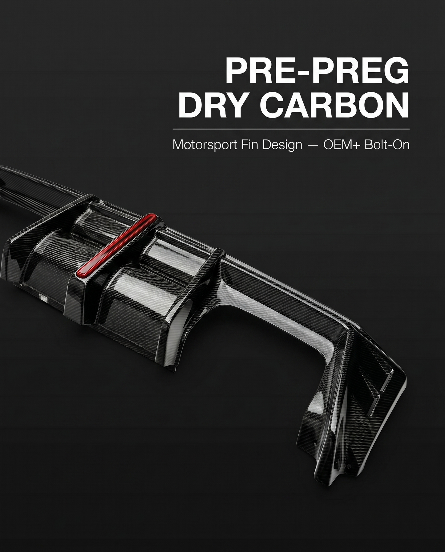Pre-preg dry carbon V4 multi-fin rear diffuser for BMW G80 M3 on dark studio backdrop with motorsport fin design OEM+ callout