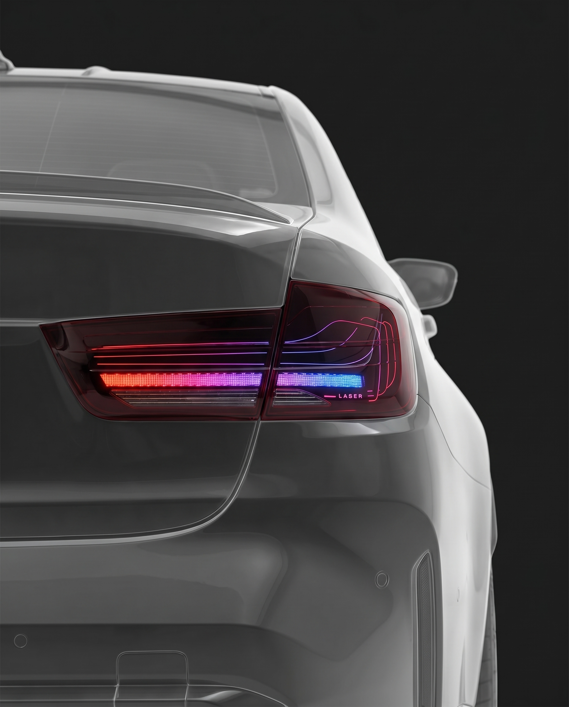 CSL laser RGB LED tail lights for BMW G80 M3 and G20 3-Series, smoked lens, refined red-to-violet RGB signature lit, dark studio