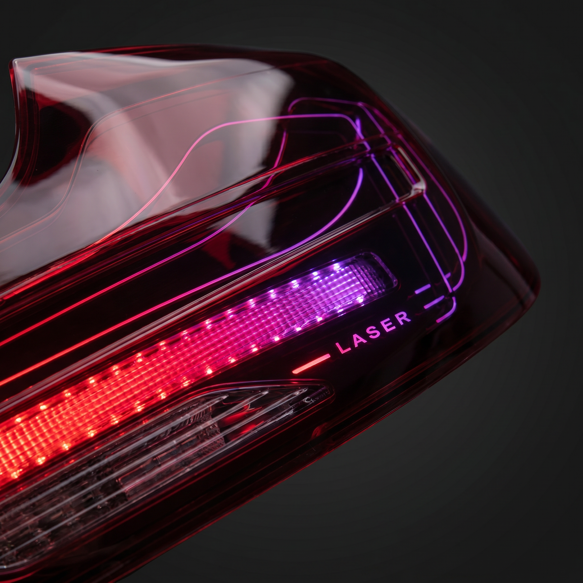 Macro of CSL RGB laser tail light optics under smoked lens, refined red-to-violet light-bar gradient and crisp internal light guide
