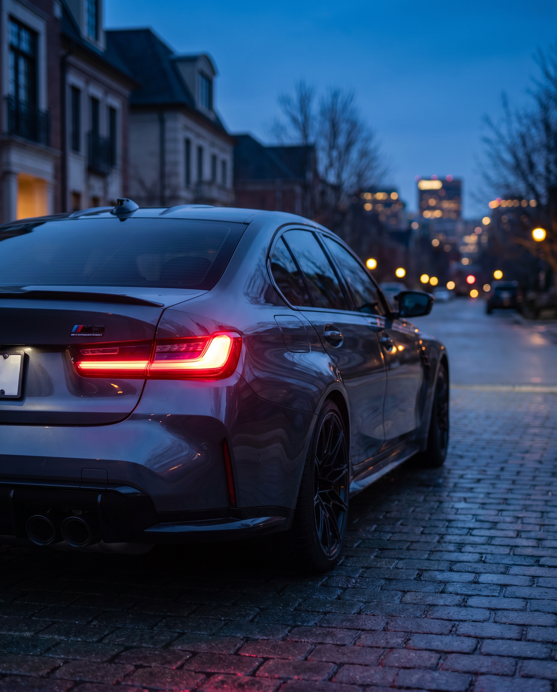 BMW G80 M3 rear at blue-hour dusk with CSL RGB laser tail lights glowing, reflective ground, cinematic moody motorsport-luxury scene