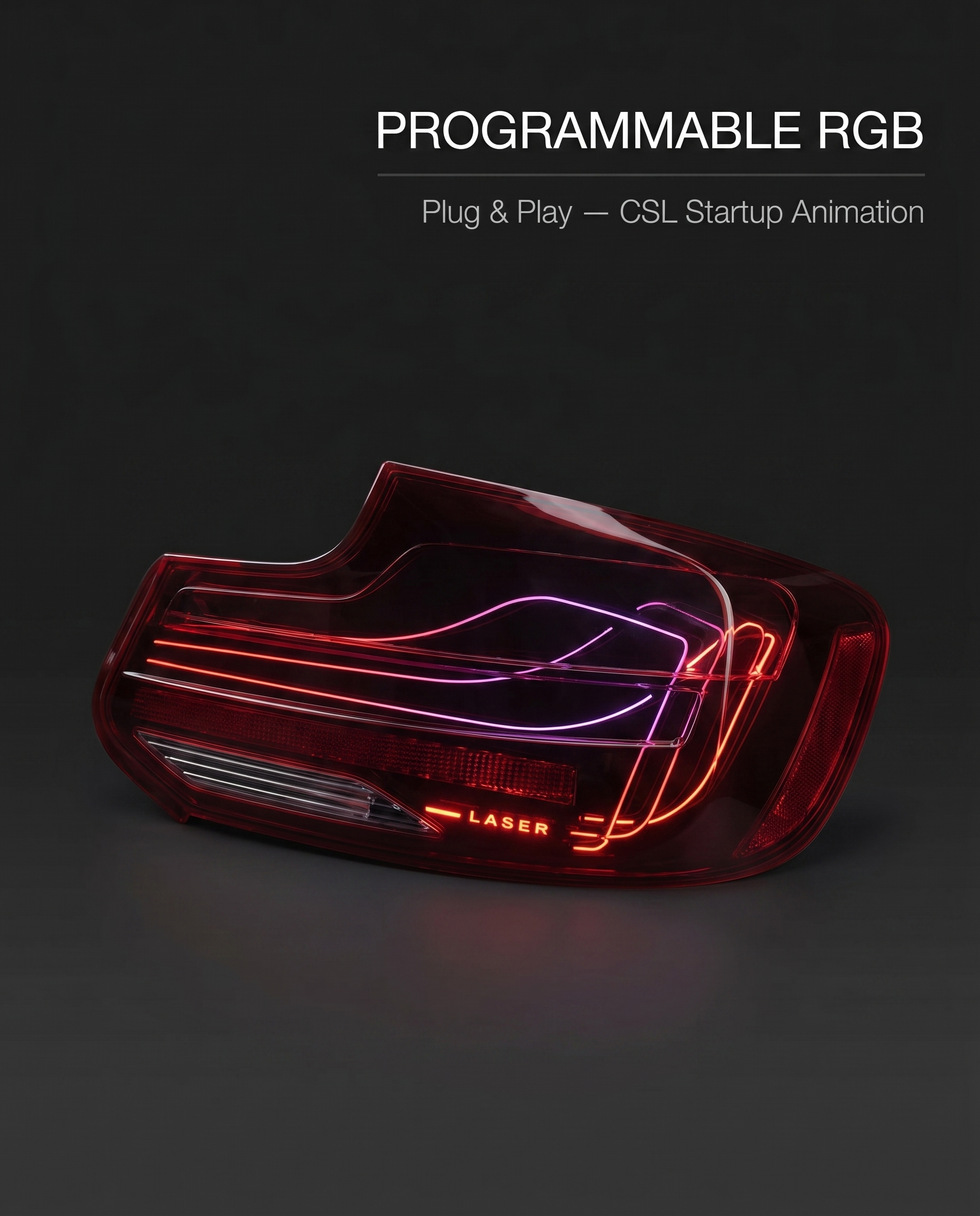 CSL laser RGB tail lights for BMW G80 M3 and G20 3-Series on dark studio backdrop with programmable RGB plug-and-play callout