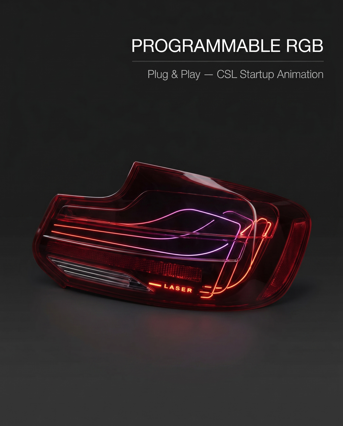 CSL laser RGB tail lights for BMW G80 M3 and G20 3-Series on dark studio backdrop with programmable RGB plug-and-play callout