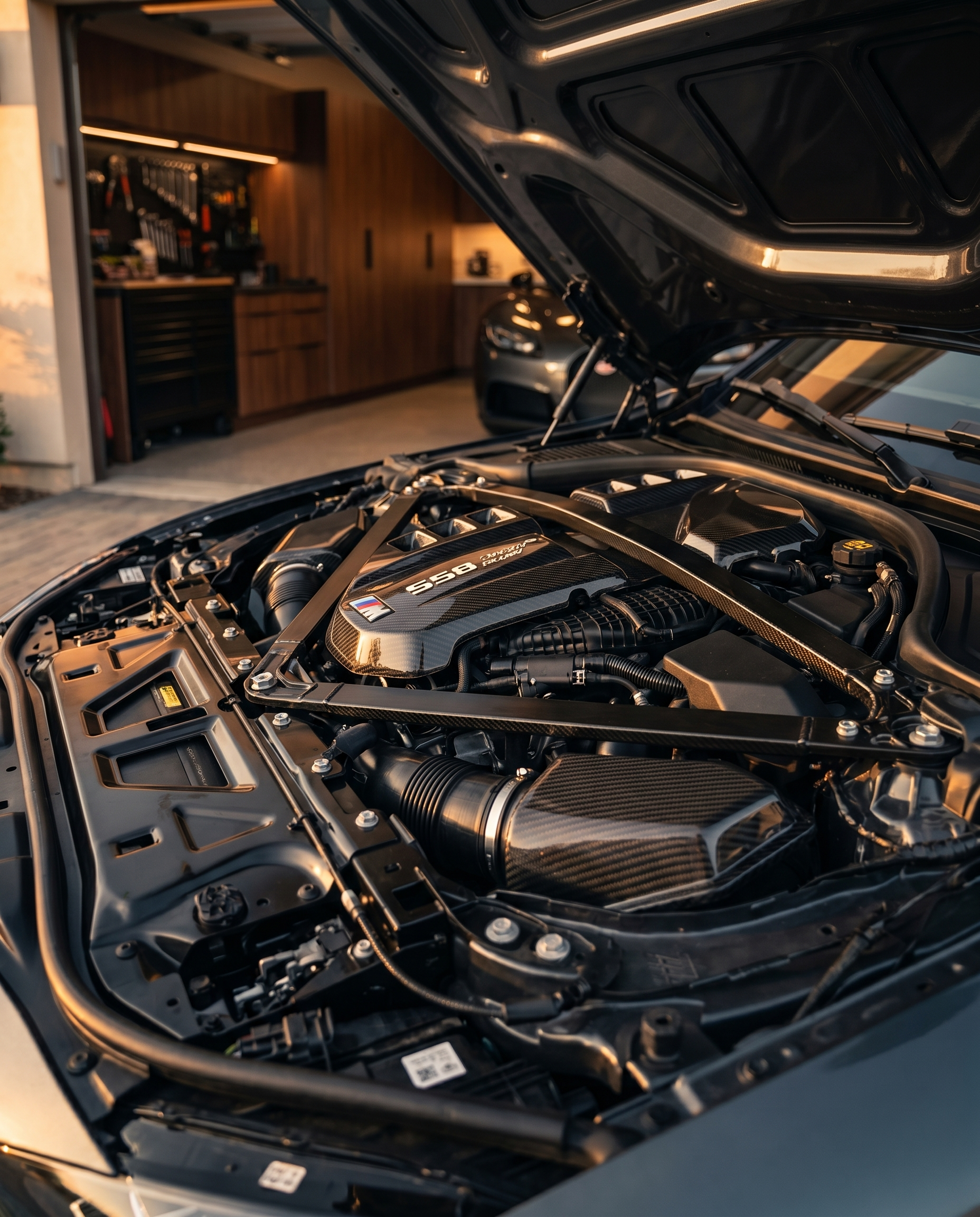 BMW G80 M3 engine bay at dusk with hood open showing gloss carbon battery terminal cover, warm raking light on carbon weave