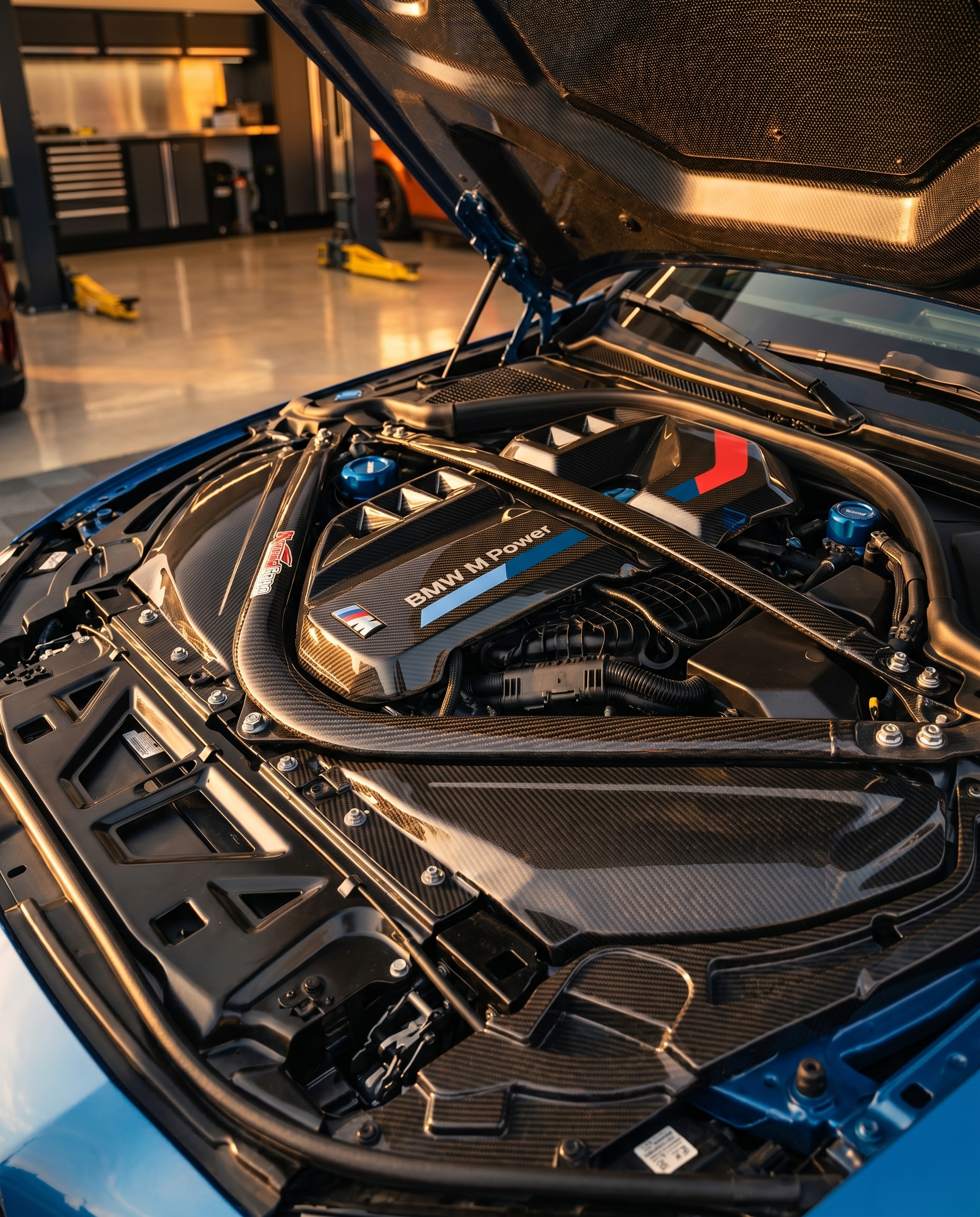 BMW G80 M3 engine bay at dusk with hood open showing gloss carbon air intake cover, warm raking light across the carbon weave