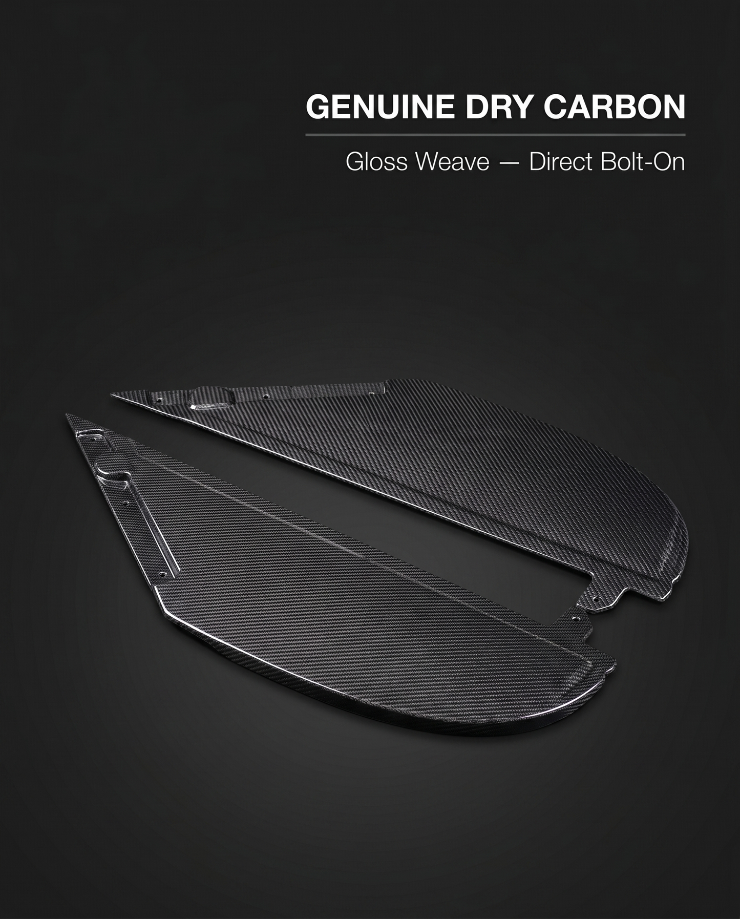 Gloss dry carbon air intake cover for BMW G80 M3 and G82 M4 on dark studio backdrop with genuine dry carbon bolt-on callout