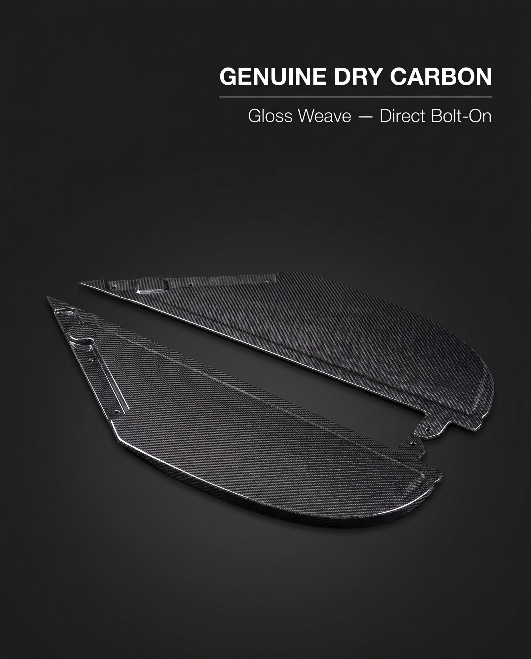 Gloss dry carbon air intake cover for BMW G80 M3 and G82 M4 on dark studio backdrop with genuine dry carbon bolt-on callout