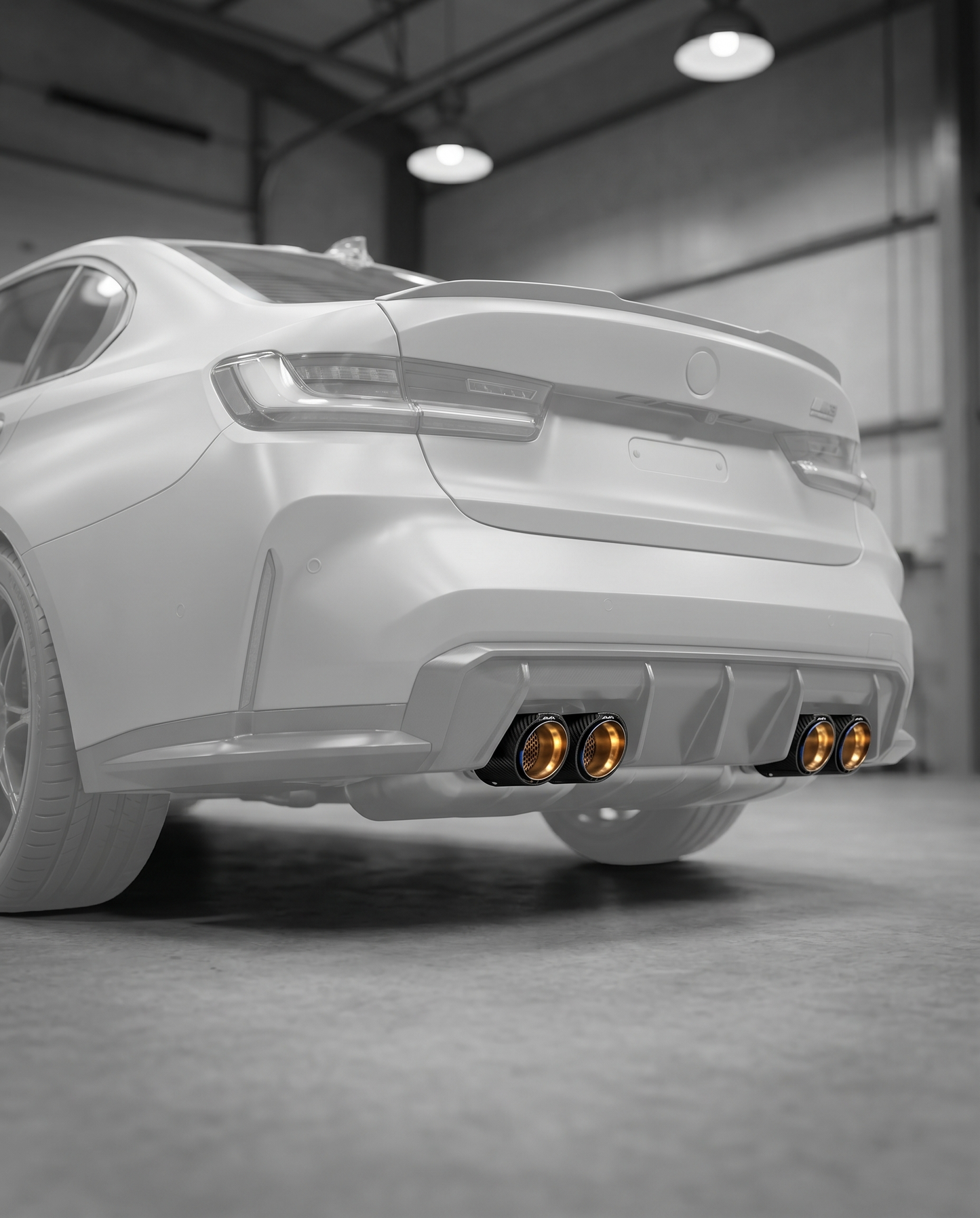 Burnt titanium carbon exhaust tips clamped on ghosted BMW G80 M3 rear, warm inner glow, blurred premium garage, OEM clamp-on fit