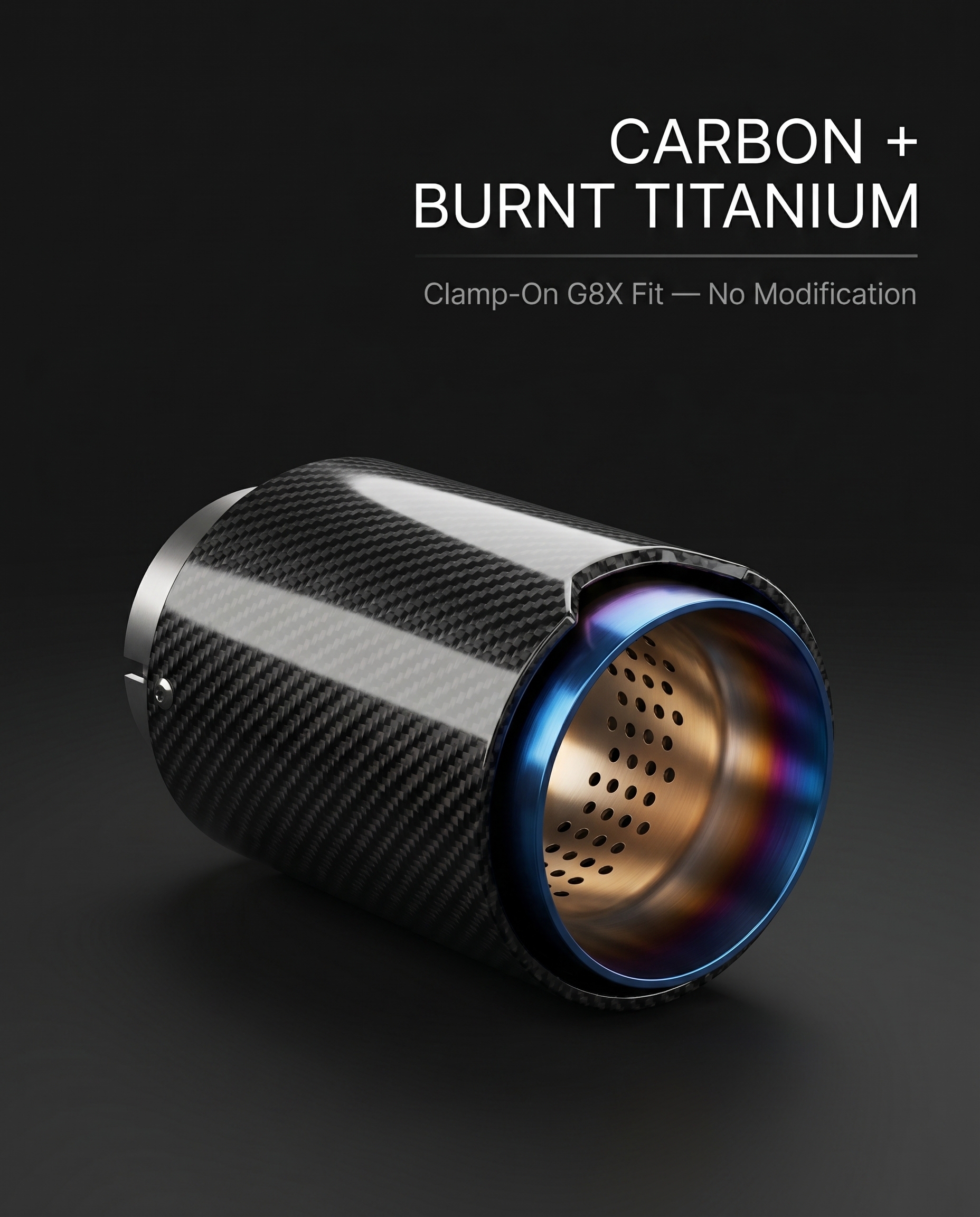 Flat-cut carbon and burnt titanium exhaust tip for BMW G8X on dark studio backdrop with carbon plus burnt titanium clamp-on callout