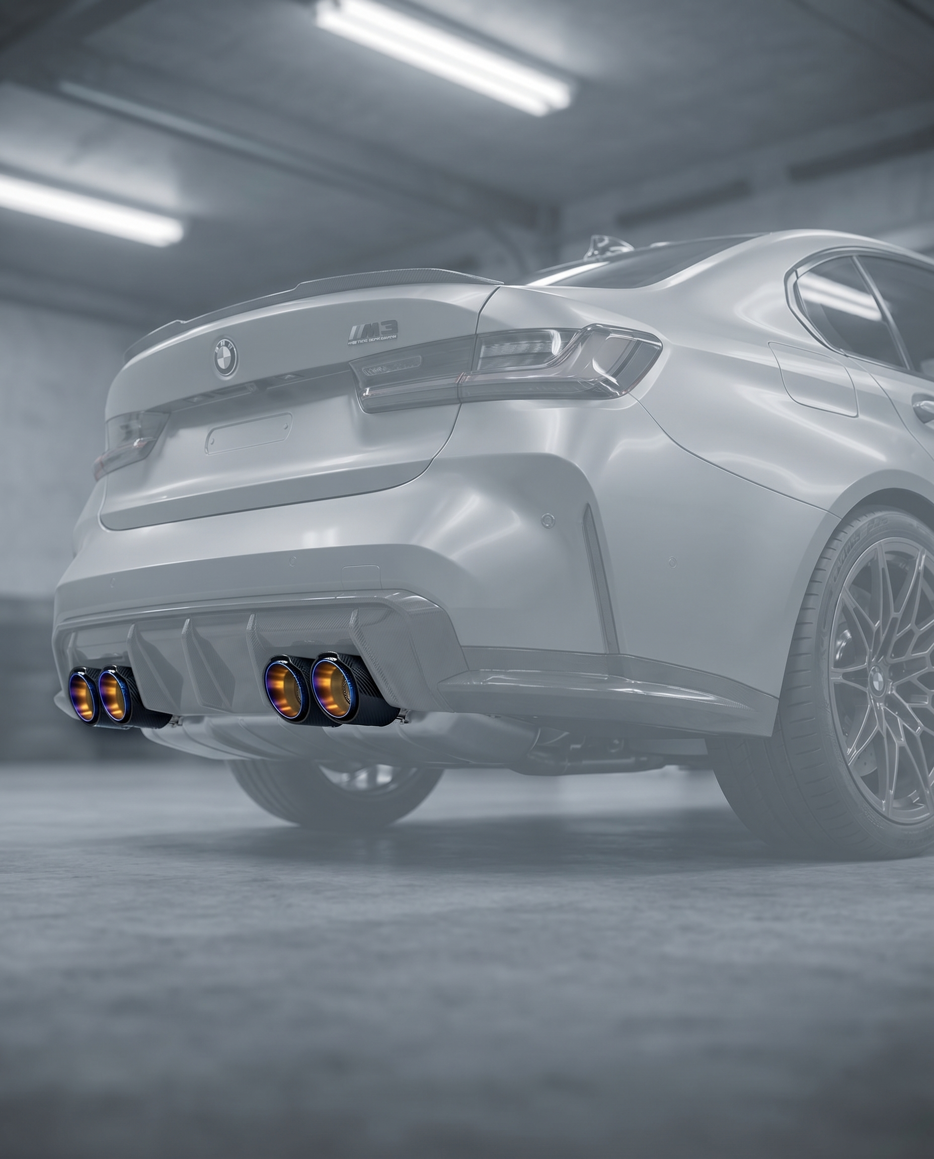 Angle-cut burnt titanium carbon exhaust tips clamped on ghosted BMW G80 M3 rear, warm inner glow, blurred garage, OEM clamp-on fit