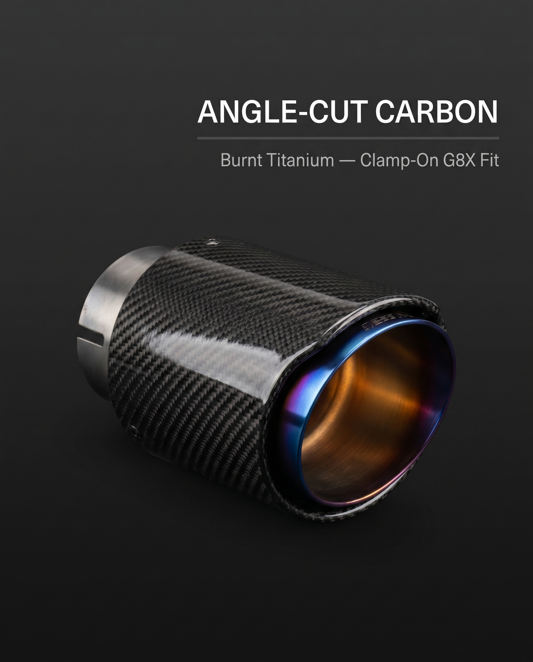 Angle-cut carbon and burnt titanium exhaust tip for BMW G8X on dark studio backdrop with angle-cut carbon clamp-on fit callout