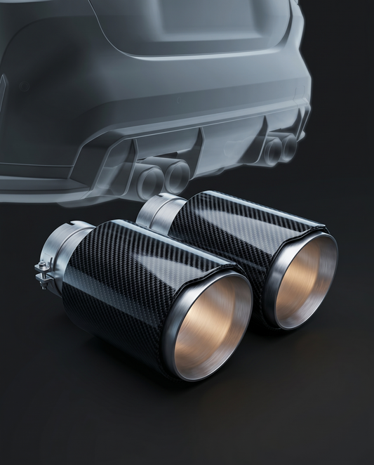 Oversized brushed aluminum carbon fiber exhaust tips for BMW G8X, rear ghosted, wide-mouth tips and gloss 2x2 twill carbon sleeve