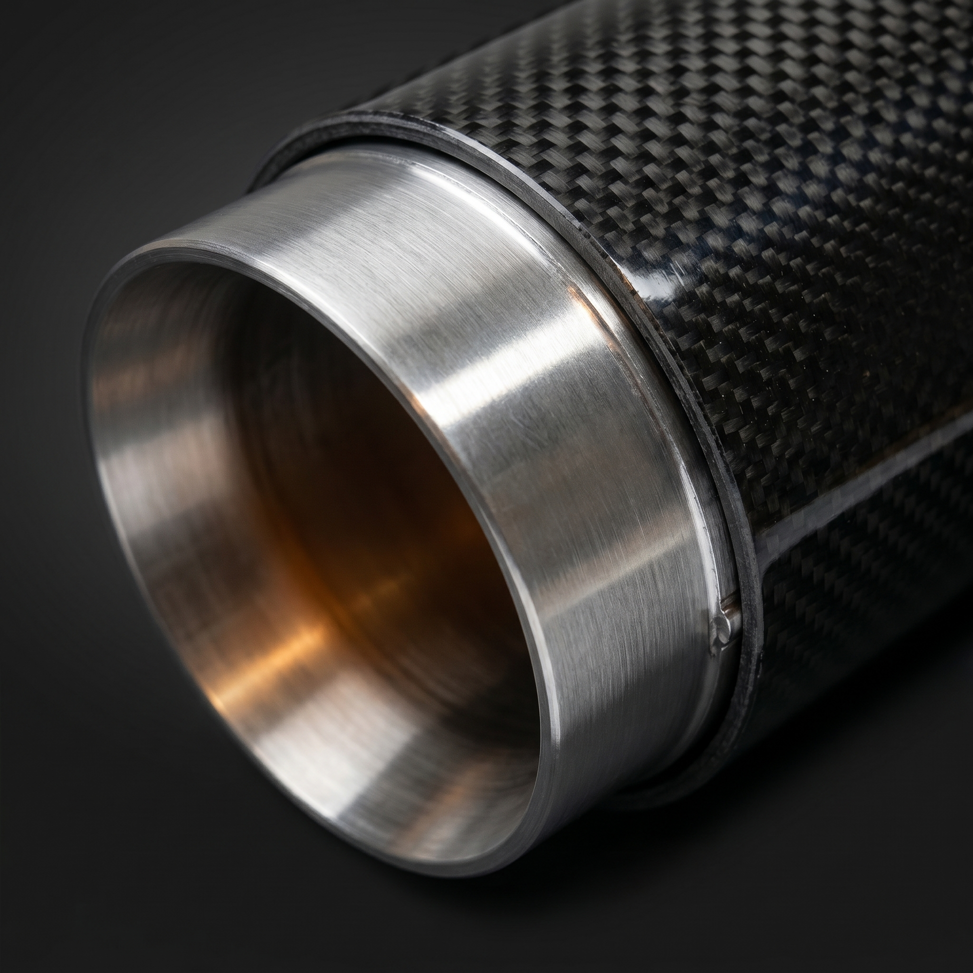 Macro of oversized brushed aluminum exhaust tip meeting gloss carbon sleeve on BMW G8X, clean metal grain and machined rim detail
