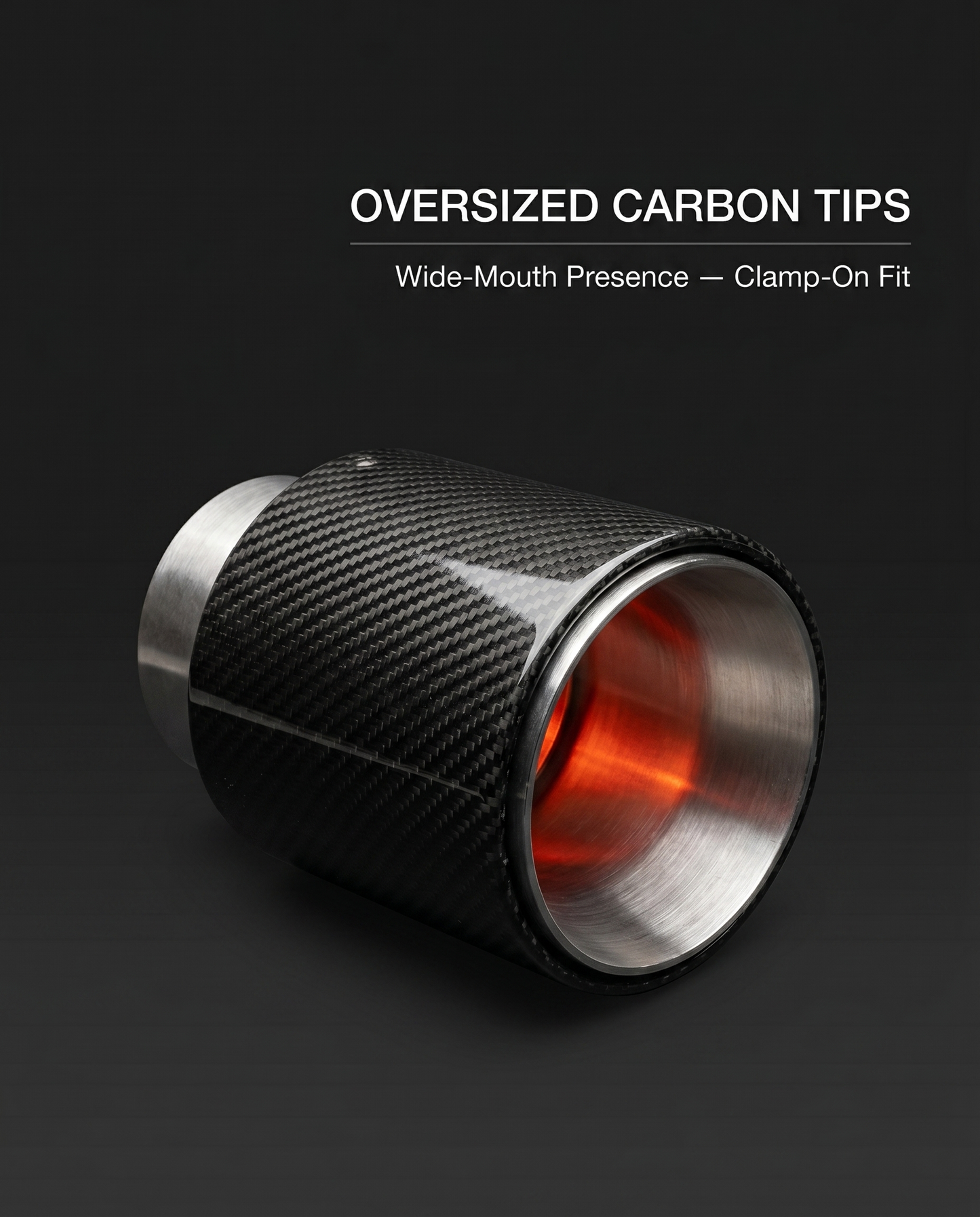 Oversized brushed aluminum carbon exhaust tip for BMW G8X on dark studio backdrop with wide-mouth presence clamp-on fit callout