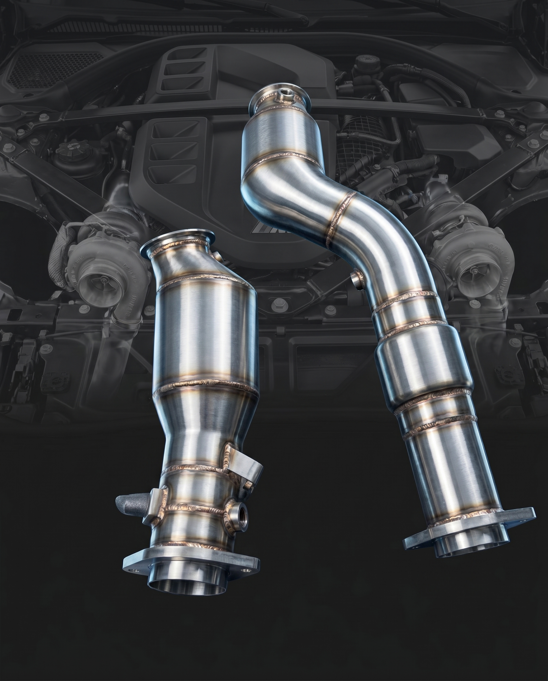 200-cell catted stainless steel S58 downpipes for BMW G80 M3 G82 M4 G87 M2, engine bay ghosted, mandrel bends and weld beads
