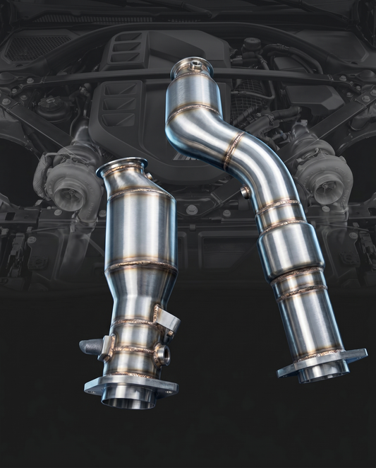 200-cell catted stainless steel S58 downpipes for BMW G80 M3 G82 M4 G87 M2, engine bay ghosted, mandrel bends and weld beads