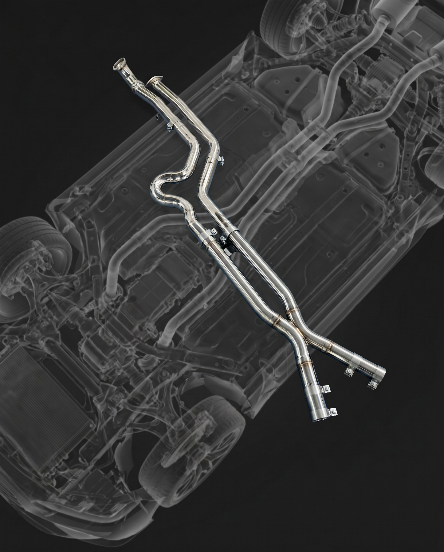 3.5 inch equal-length stainless steel midpipe with brace for BMW G80 M3 G82 M4, underbody ghosted, mandrel bends and weld beads
