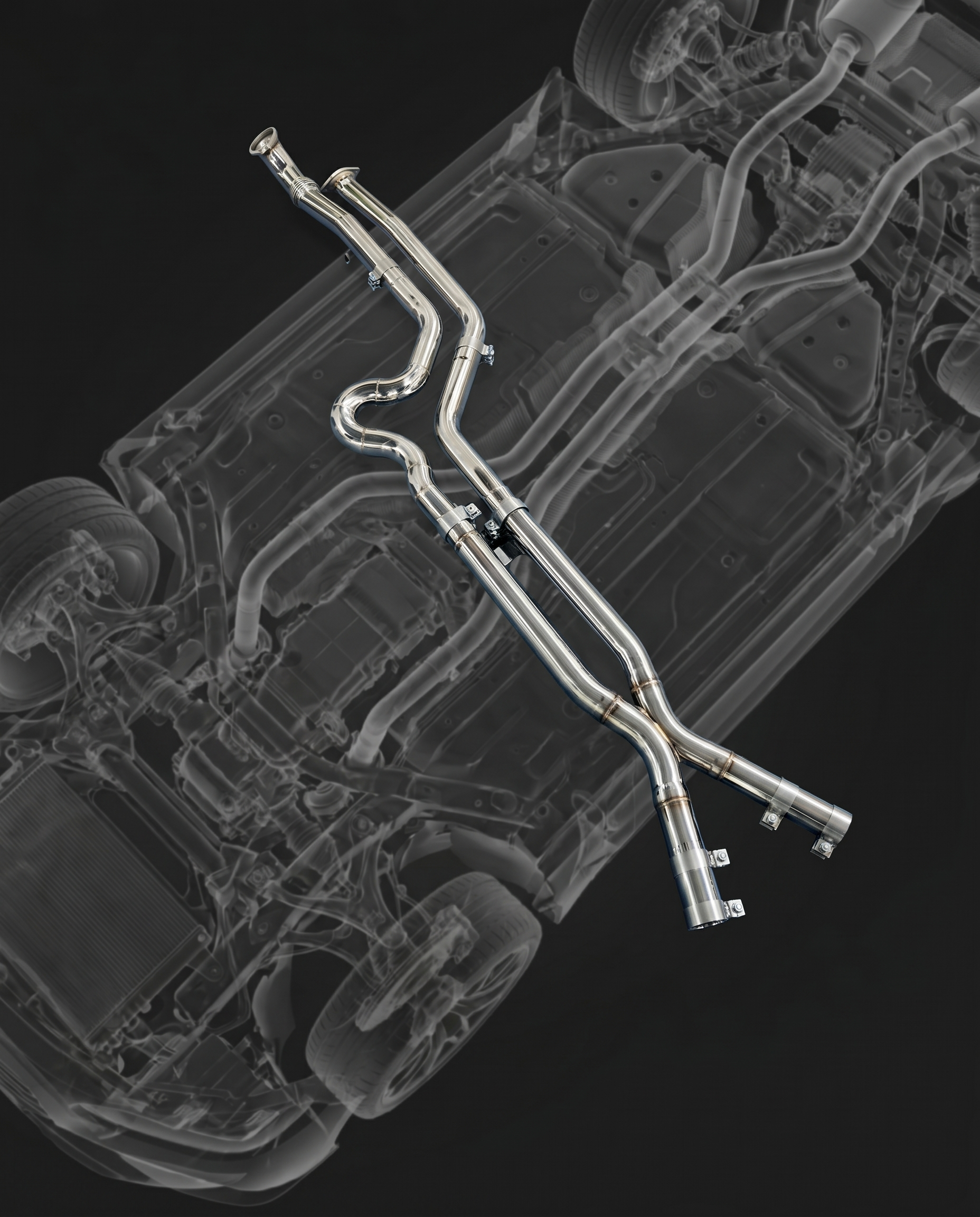 3.5 inch equal-length stainless steel midpipe with brace for BMW G80 M3 G82 M4, underbody ghosted, mandrel bends and weld beads