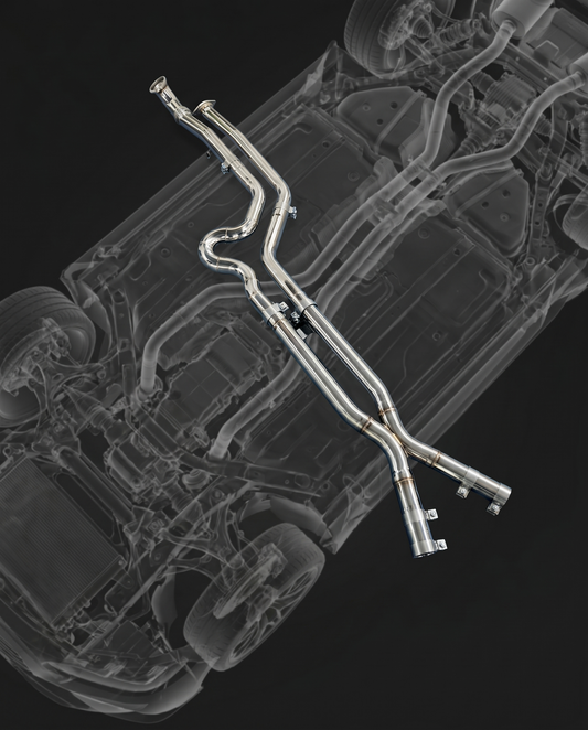 3.5 inch equal-length stainless steel midpipe with brace for BMW G80 M3 G82 M4, underbody ghosted, mandrel bends and weld beads